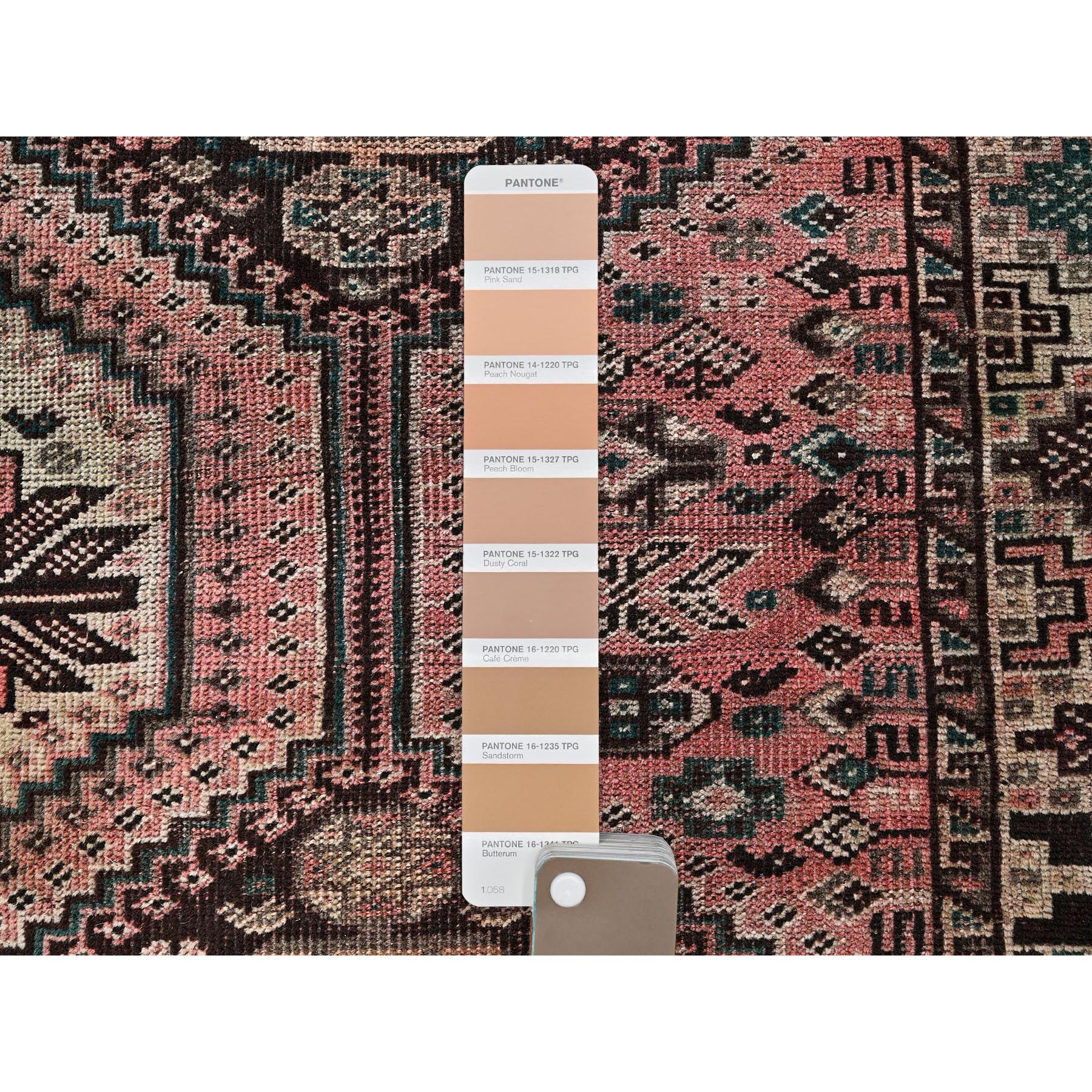 5'2"x8' Blush Red, Semi Antique Persian Shiraz with Geometric Pattern, Shaved Down, Zero Pile, Sides and Ends Professionally Secured, Hand Knotted, Pure Wool, Oriental Rug Sh803
