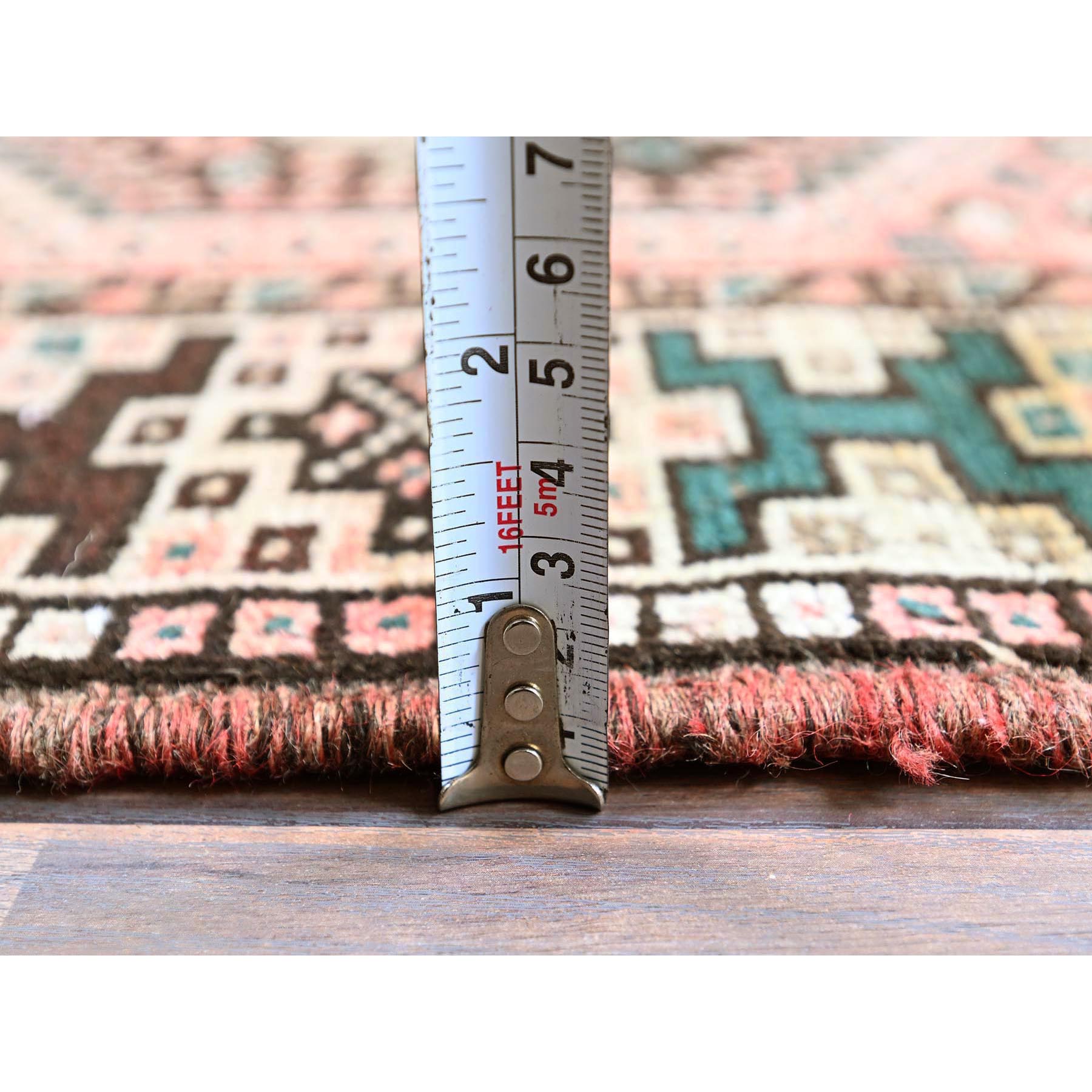 5'2"x8' Blush Red, Semi Antique Persian Shiraz with Geometric Pattern, Shaved Down, Zero Pile, Sides and Ends Professionally Secured, Hand Knotted, Pure Wool, Oriental Rug Sh803