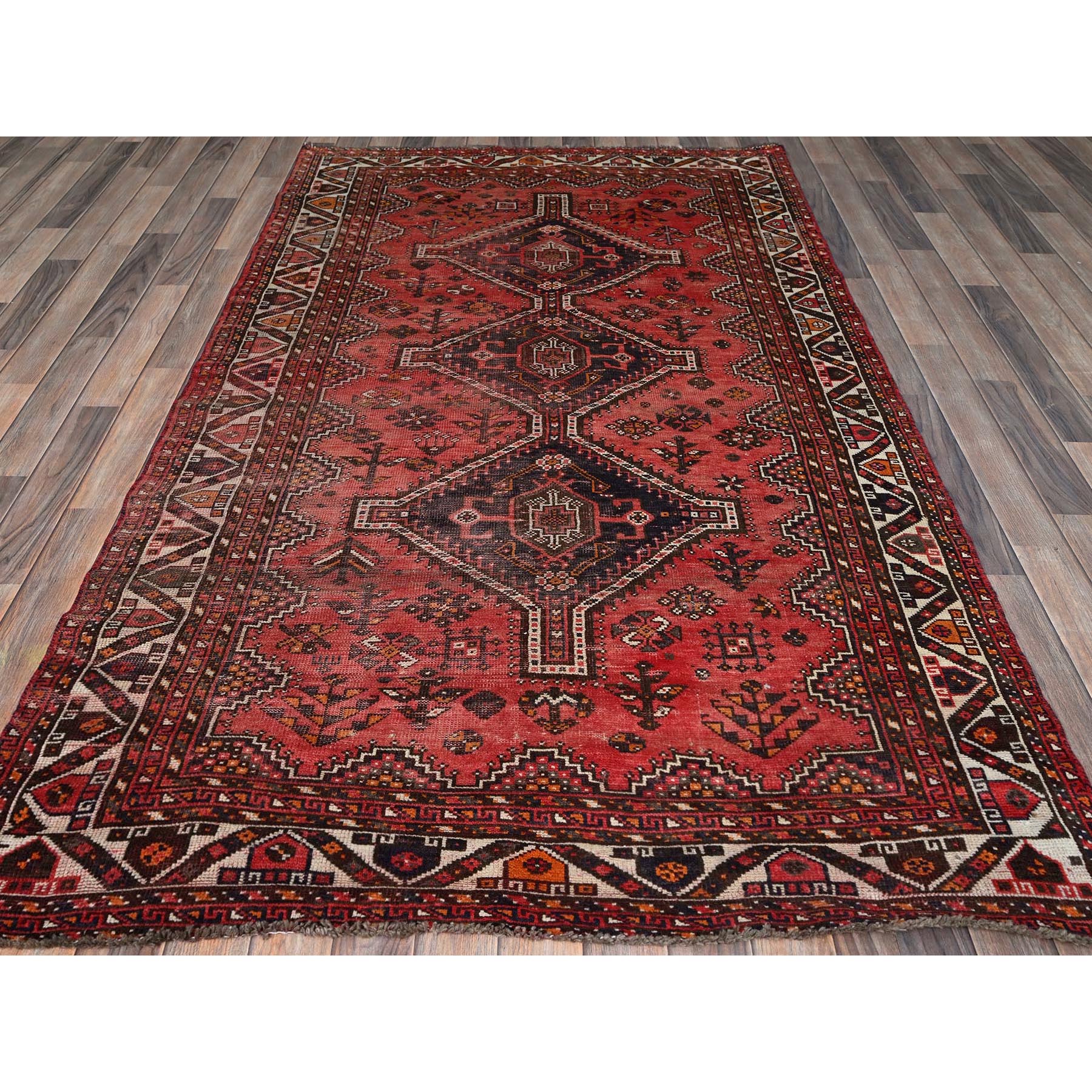 4'8"x7'10" Prismatic Red, Vintage Persian Shiraz with Geometric Design, Worn and Distressed, Sheared Low, Zero Pile, Sides and Ends Professionally Secured, Hand Knotted, Pure Wool, Oriental Rug Sh804