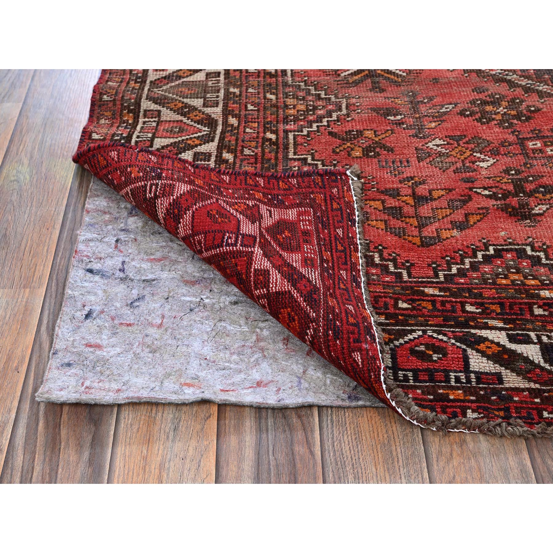 4'8"x7'10" Prismatic Red, Vintage Persian Shiraz with Geometric Design, Worn and Distressed, Sheared Low, Zero Pile, Sides and Ends Professionally Secured, Hand Knotted, Pure Wool, Oriental Rug Sh804