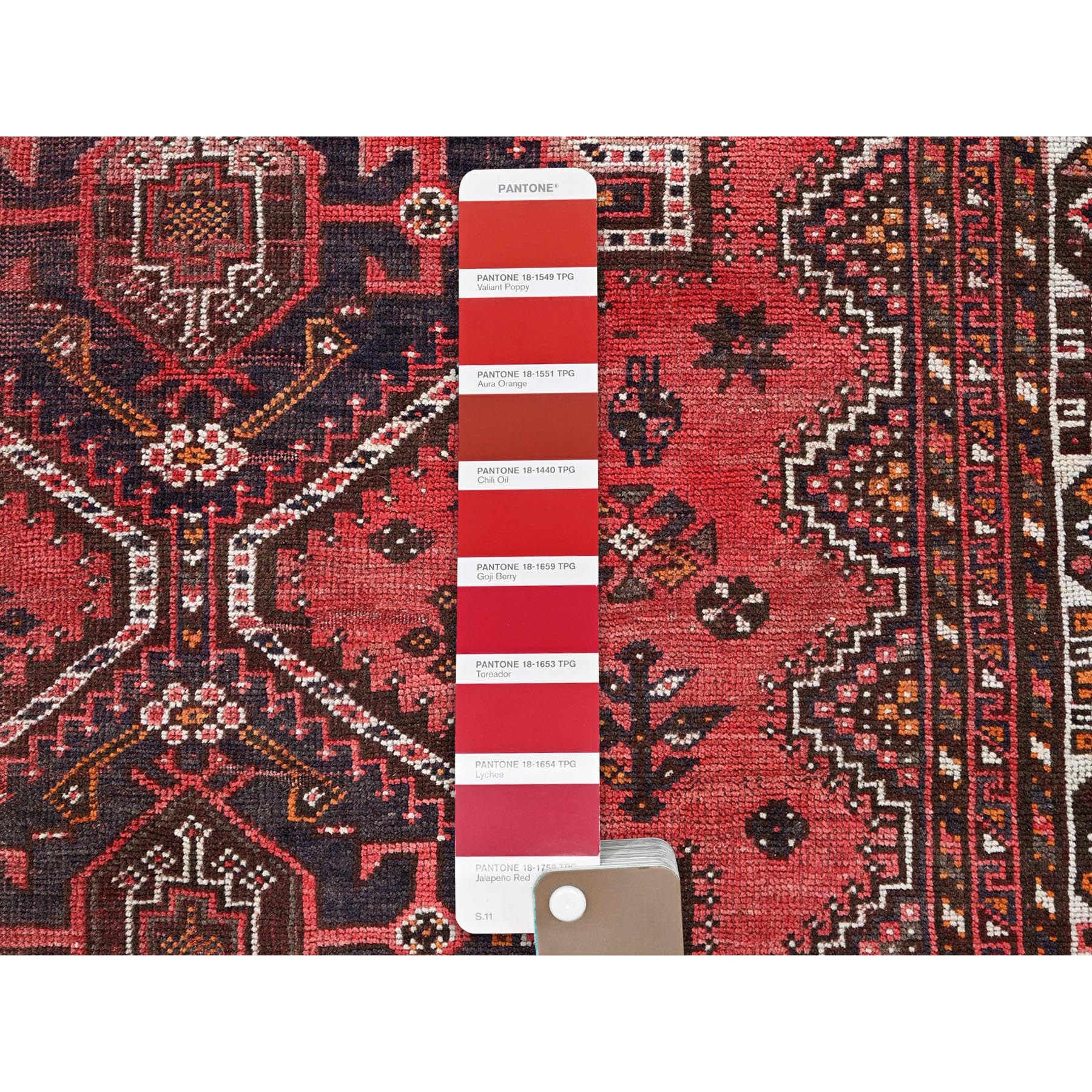 4'8"x7'10" Prismatic Red, Vintage Persian Shiraz with Geometric Design, Worn and Distressed, Sheared Low, Zero Pile, Sides and Ends Professionally Secured, Hand Knotted, Pure Wool, Oriental Rug Sh804