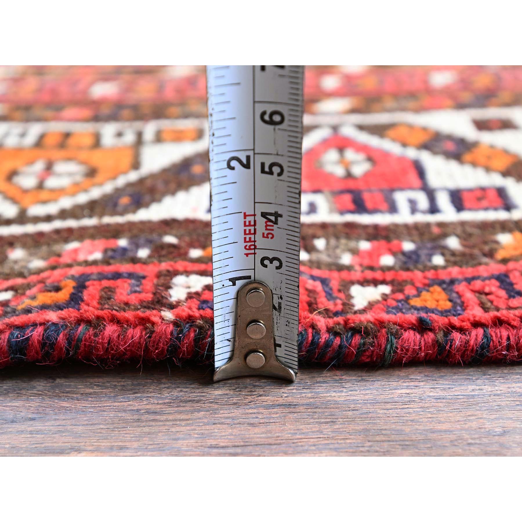 4'8"x7'10" Prismatic Red, Vintage Persian Shiraz with Geometric Design, Worn and Distressed, Sheared Low, Zero Pile, Sides and Ends Professionally Secured, Hand Knotted, Pure Wool, Oriental Rug Sh804