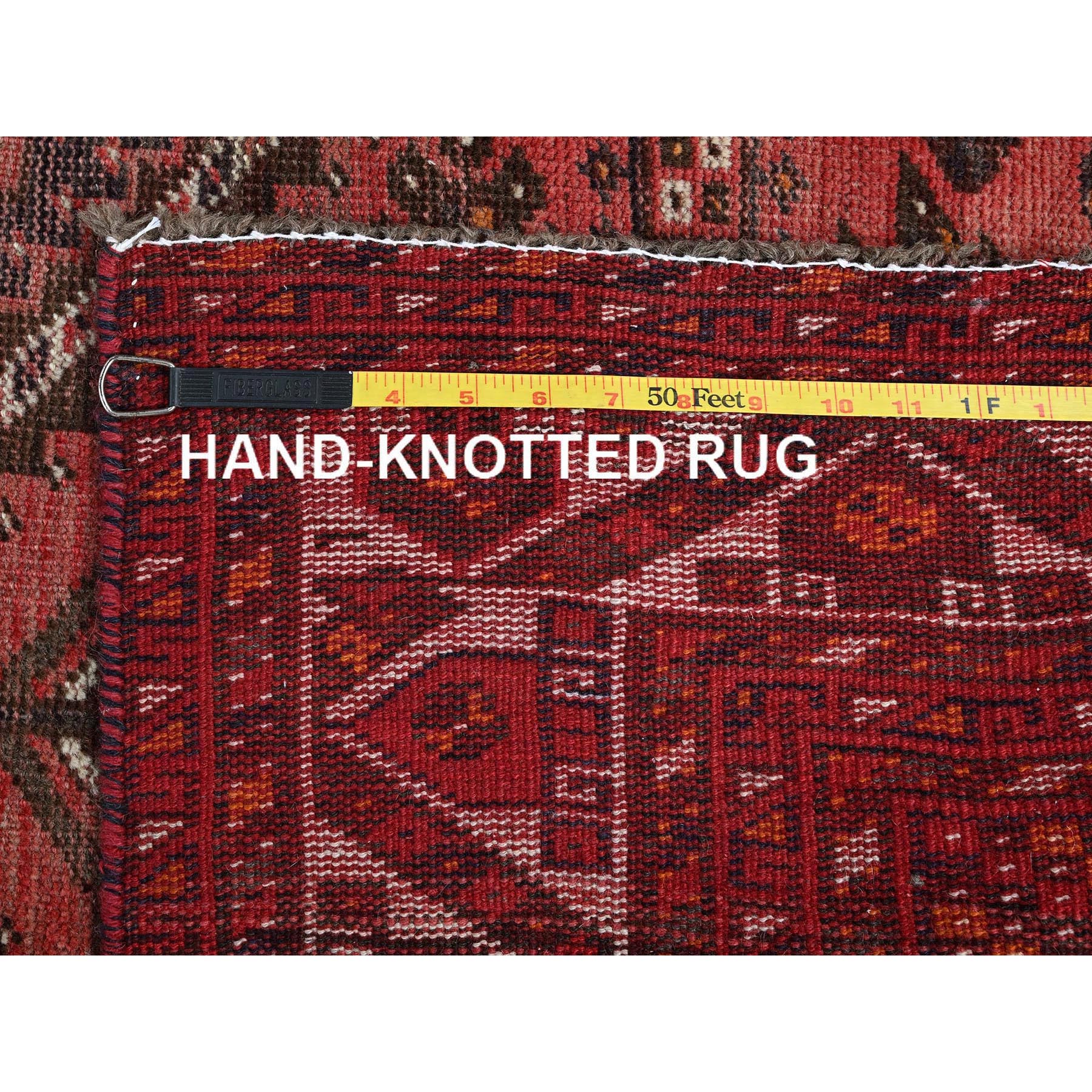 4'8"x7'10" Prismatic Red, Vintage Persian Shiraz with Geometric Design, Worn and Distressed, Sheared Low, Zero Pile, Sides and Ends Professionally Secured, Hand Knotted, Pure Wool, Oriental Rug Sh804