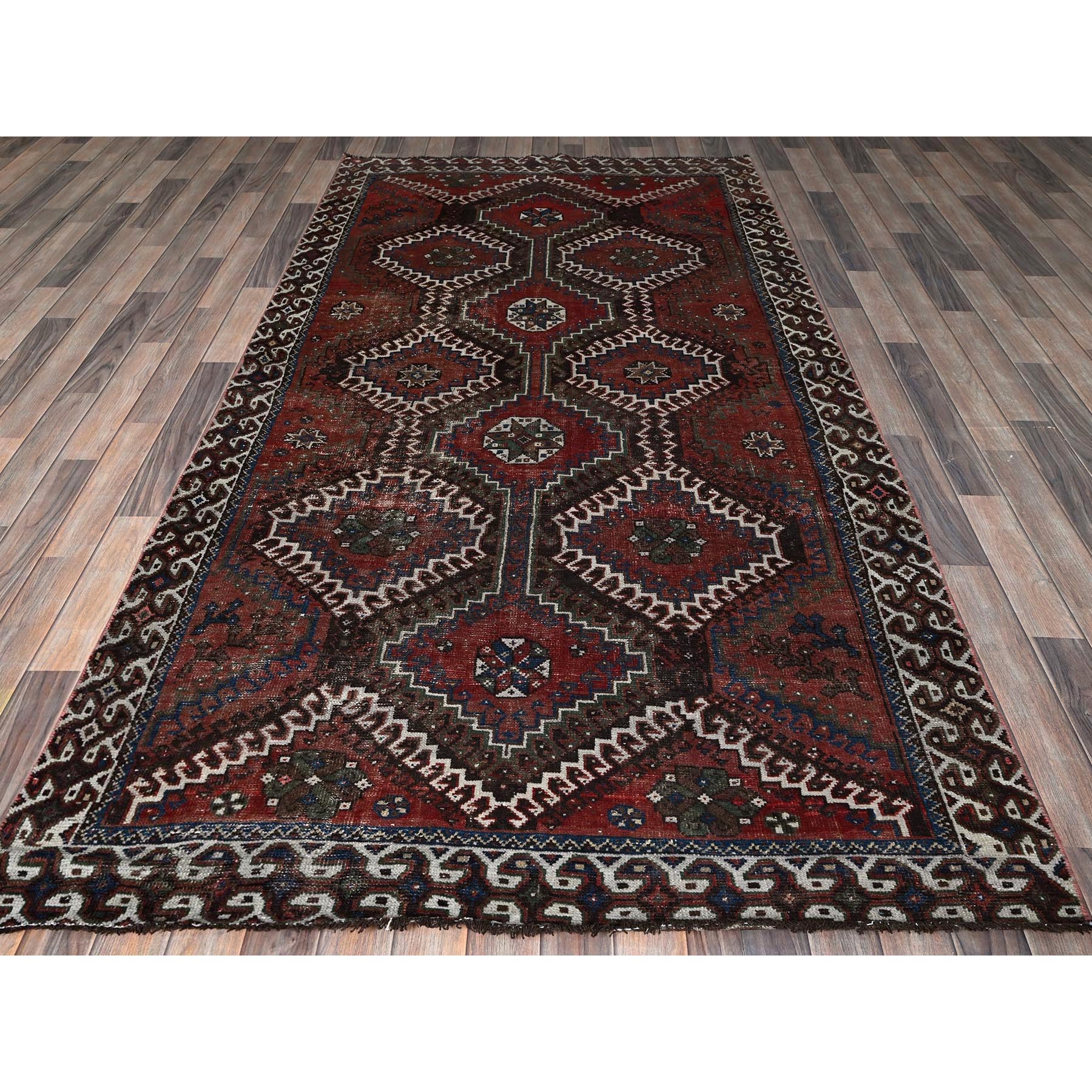 5'x9'2" Brick Red, Vintage Persian Shiraz with Geometric Design, Worn and Distressed, Sheared Low, Zero Pile, Sides and Ends Professionally Secured, Hand Knotted, Pure Wool, Wide Runner, Oriental Rug Sh805