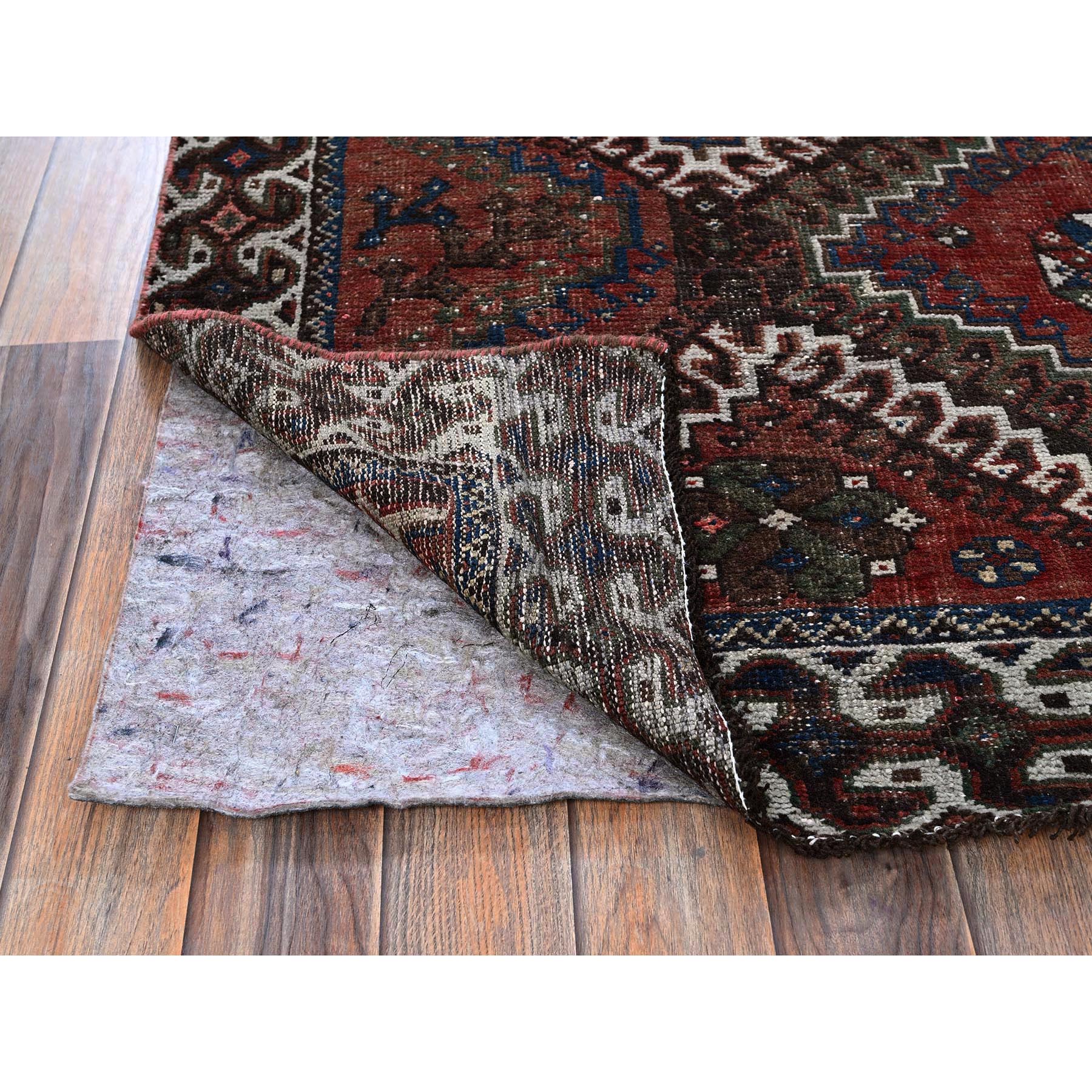 5'x9'2" Brick Red, Vintage Persian Shiraz with Geometric Design, Worn and Distressed, Sheared Low, Zero Pile, Sides and Ends Professionally Secured, Hand Knotted, Pure Wool, Wide Runner, Oriental Rug Sh805