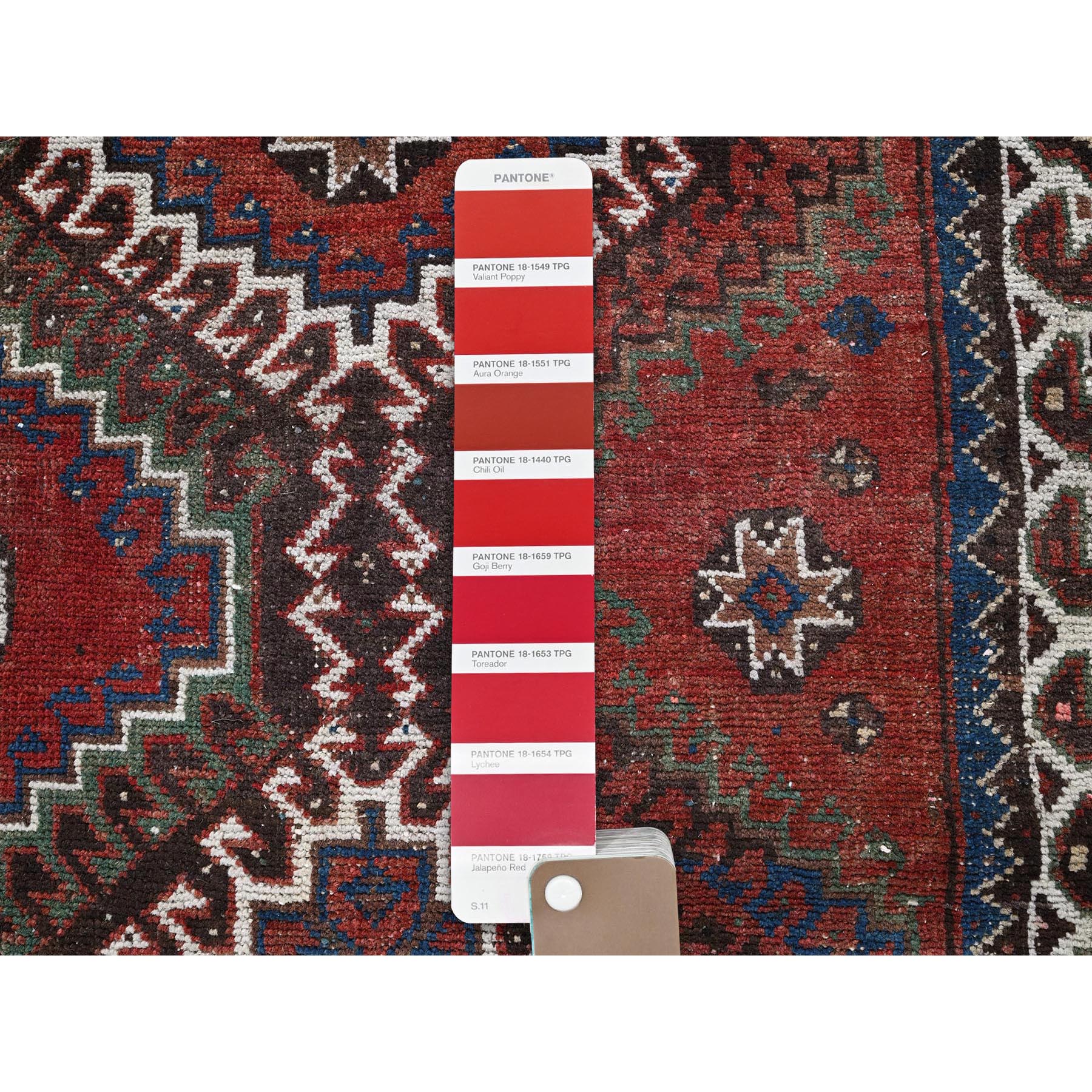 5'x9'2" Brick Red, Vintage Persian Shiraz with Geometric Design, Worn and Distressed, Sheared Low, Zero Pile, Sides and Ends Professionally Secured, Hand Knotted, Pure Wool, Wide Runner, Oriental Rug Sh805