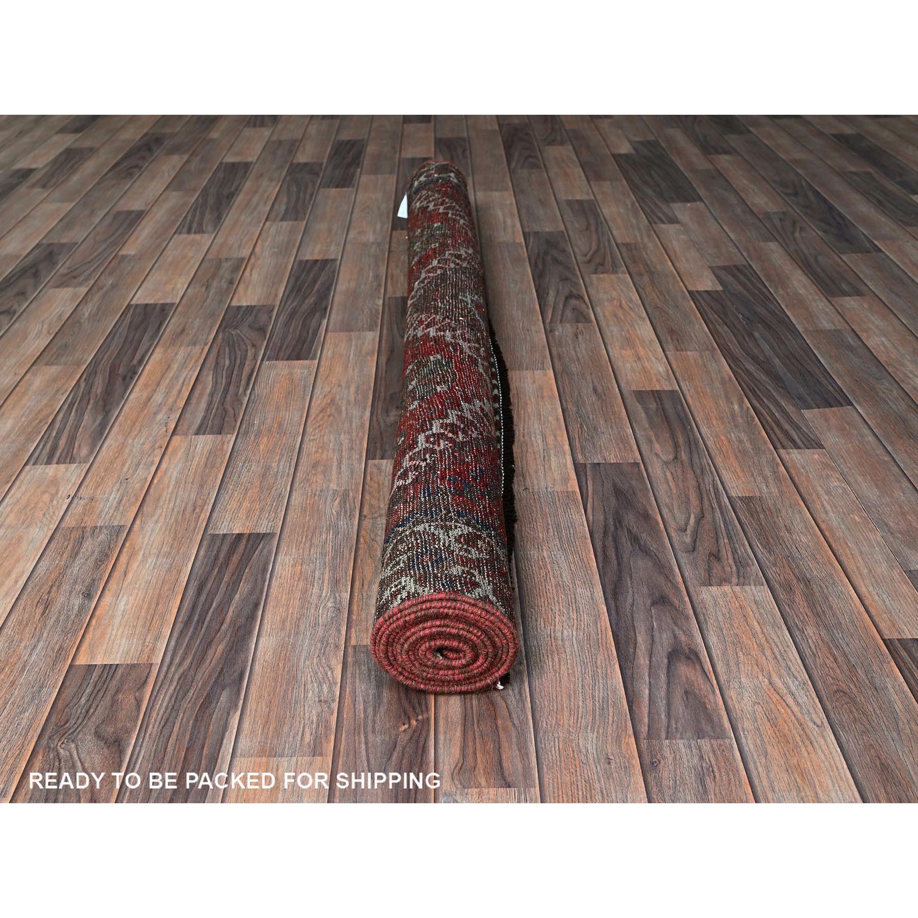 5'x9'2" Brick Red, Vintage Persian Shiraz with Geometric Design, Worn and Distressed, Sheared Low, Zero Pile, Sides and Ends Professionally Secured, Hand Knotted, Pure Wool, Wide Runner, Oriental Rug Sh805