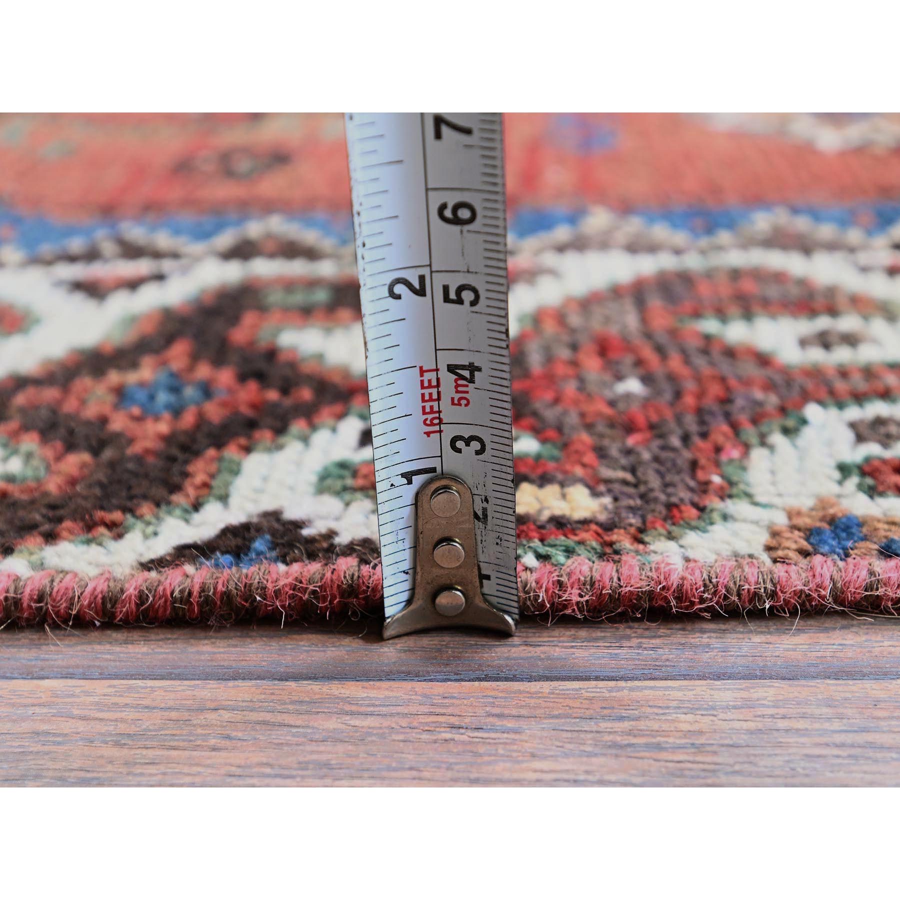 5'x9'2" Brick Red, Vintage Persian Shiraz with Geometric Design, Worn and Distressed, Sheared Low, Zero Pile, Sides and Ends Professionally Secured, Hand Knotted, Pure Wool, Wide Runner, Oriental Rug Sh805