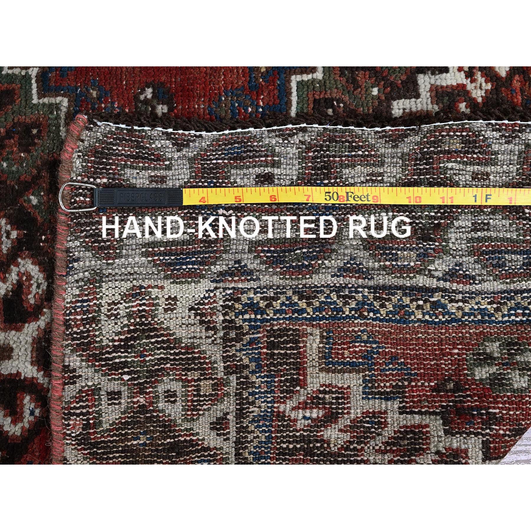5'x9'2" Brick Red, Vintage Persian Shiraz with Geometric Design, Worn and Distressed, Sheared Low, Zero Pile, Sides and Ends Professionally Secured, Hand Knotted, Pure Wool, Wide Runner, Oriental Rug Sh805
