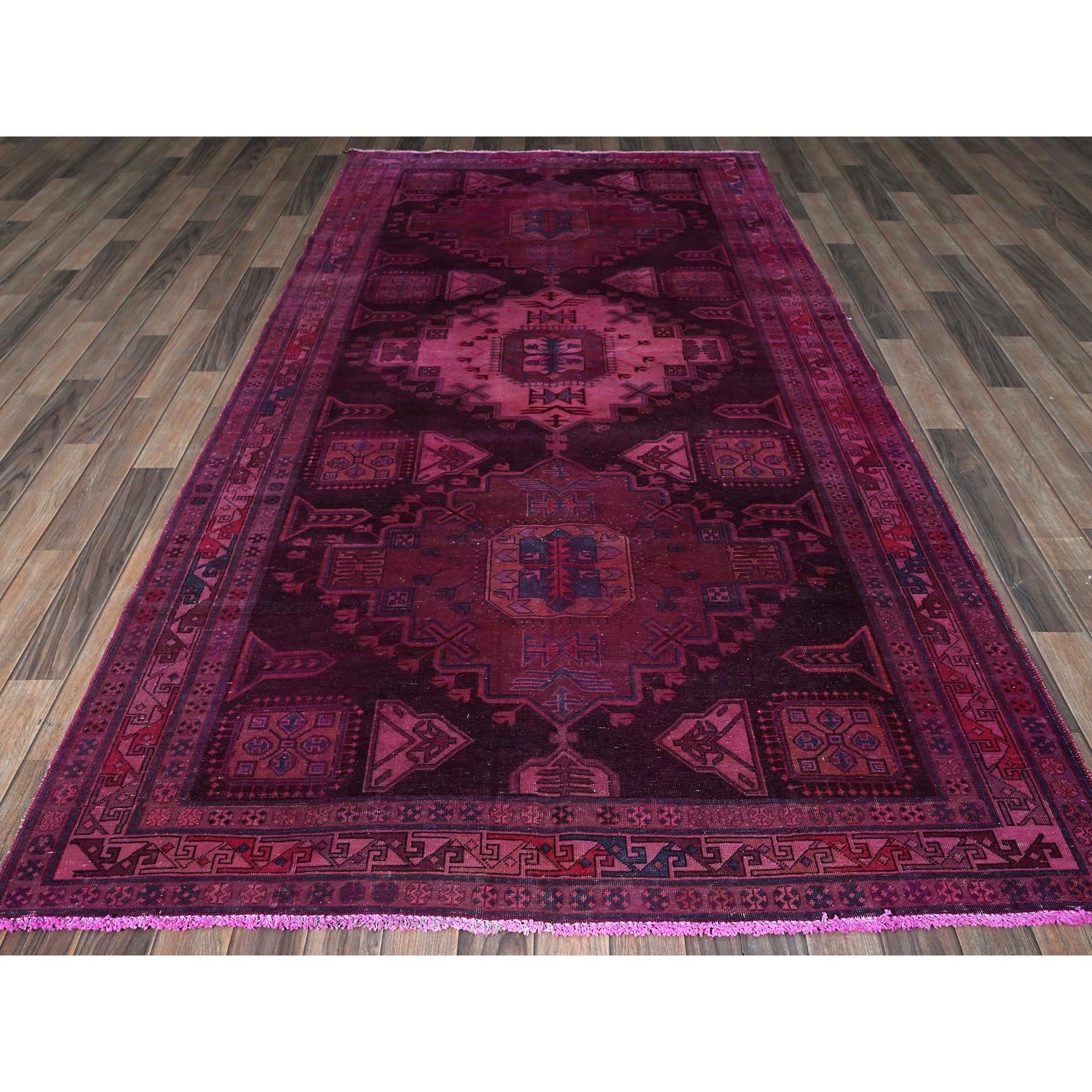 5'x9'7" Hot Pink, Overdyed Vintage Persian Hamadan with Geometric Medallions Design, Shaved Down, Zero Pile, Sides and Ends Professionally Secured, Hand Knotted, Pure Wool, Wide Runner, Oriental Rug Sh806