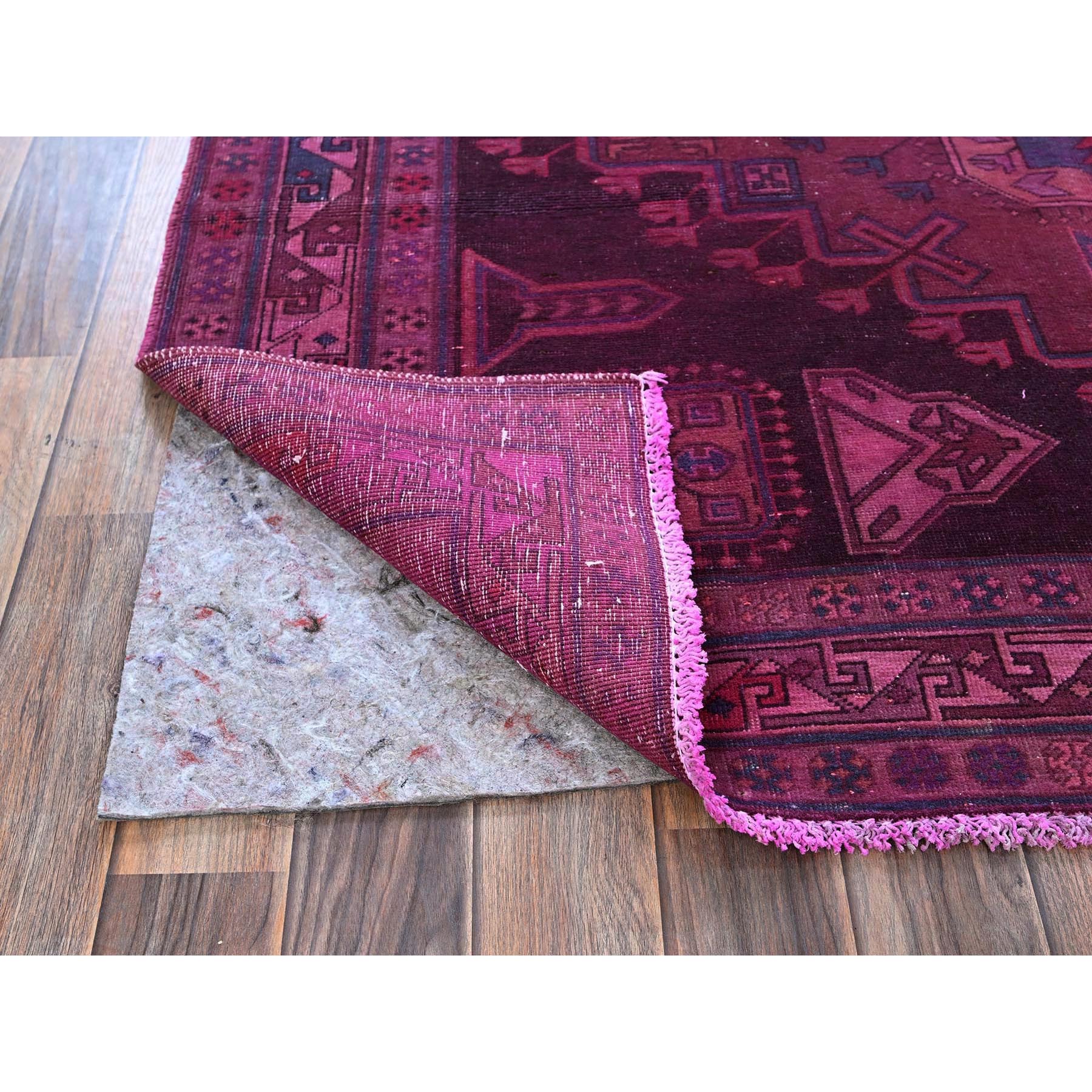 5'x9'7" Hot Pink, Overdyed Vintage Persian Hamadan with Geometric Medallions Design, Shaved Down, Zero Pile, Sides and Ends Professionally Secured, Hand Knotted, Pure Wool, Wide Runner, Oriental Rug Sh806