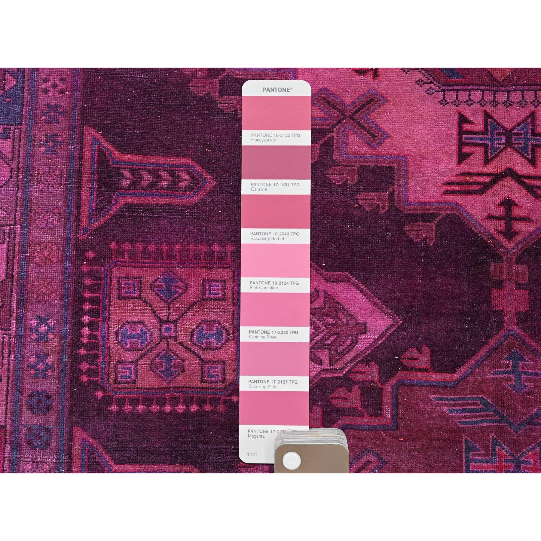 5'x9'7" Hot Pink, Overdyed Vintage Persian Hamadan with Geometric Medallions Design, Shaved Down, Zero Pile, Sides and Ends Professionally Secured, Hand Knotted, Pure Wool, Wide Runner, Oriental Rug Sh806