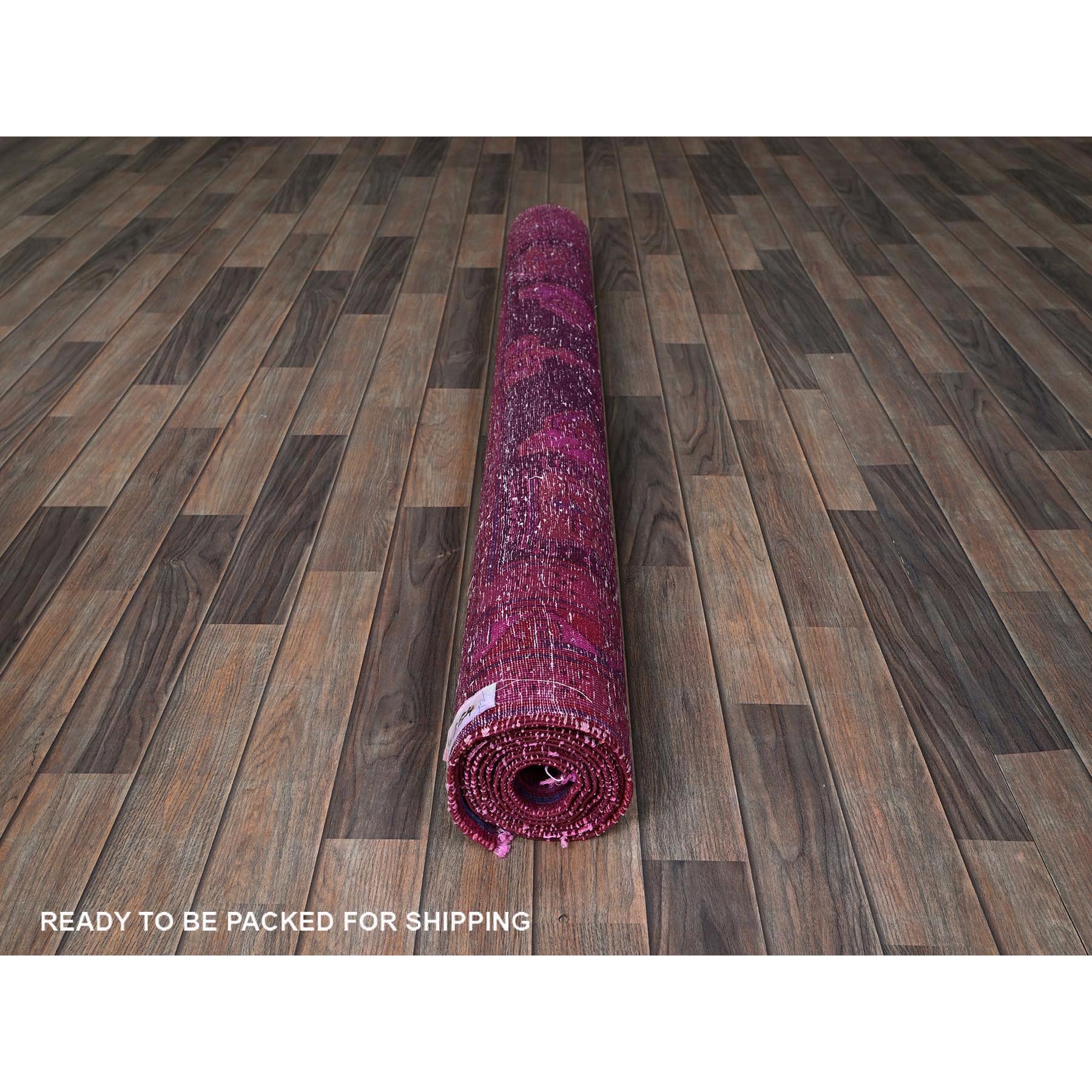 5'x9'7" Hot Pink, Overdyed Vintage Persian Hamadan with Geometric Medallions Design, Shaved Down, Zero Pile, Sides and Ends Professionally Secured, Hand Knotted, Pure Wool, Wide Runner, Oriental Rug Sh806