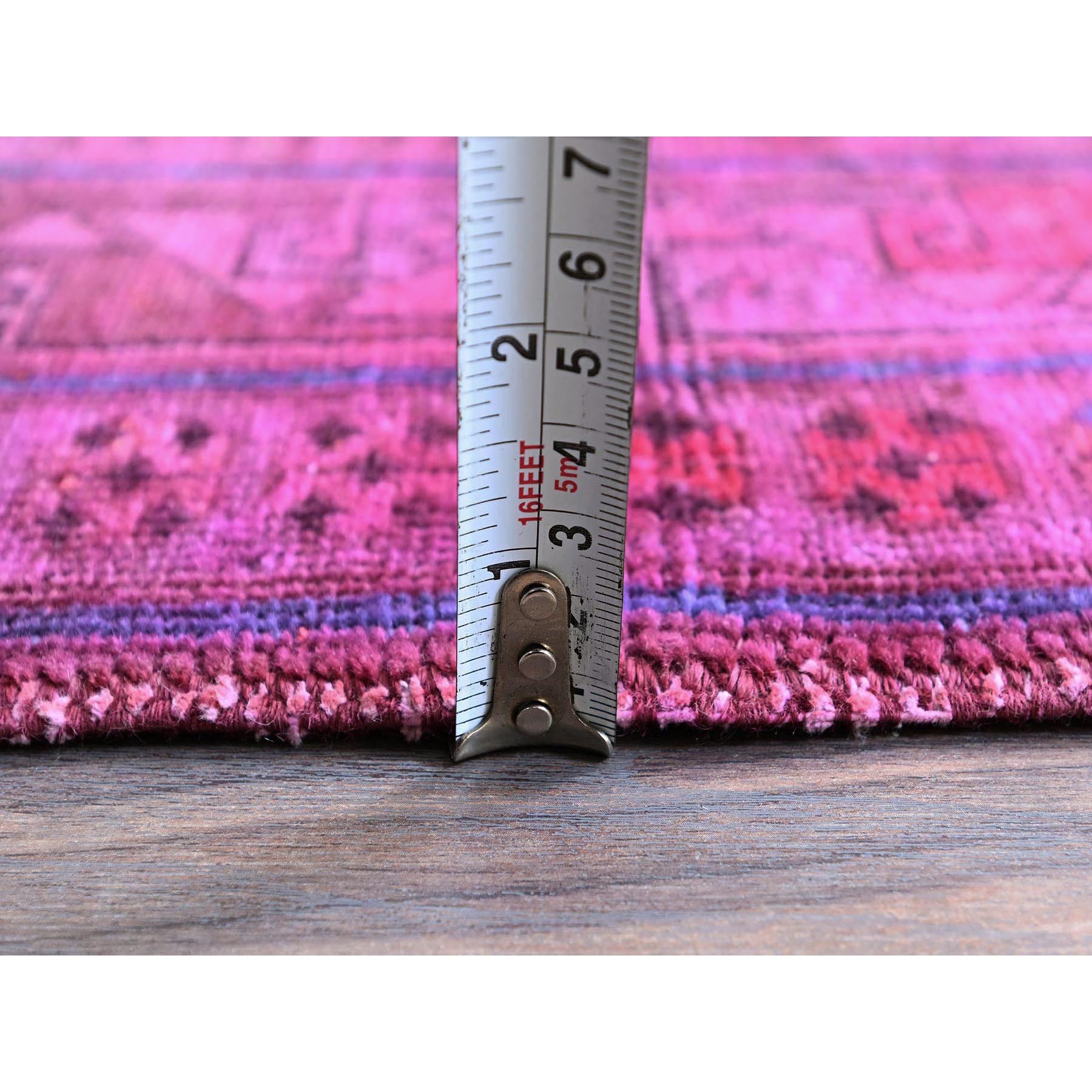 5'x9'7" Hot Pink, Overdyed Vintage Persian Hamadan with Geometric Medallions Design, Shaved Down, Zero Pile, Sides and Ends Professionally Secured, Hand Knotted, Pure Wool, Wide Runner, Oriental Rug Sh806