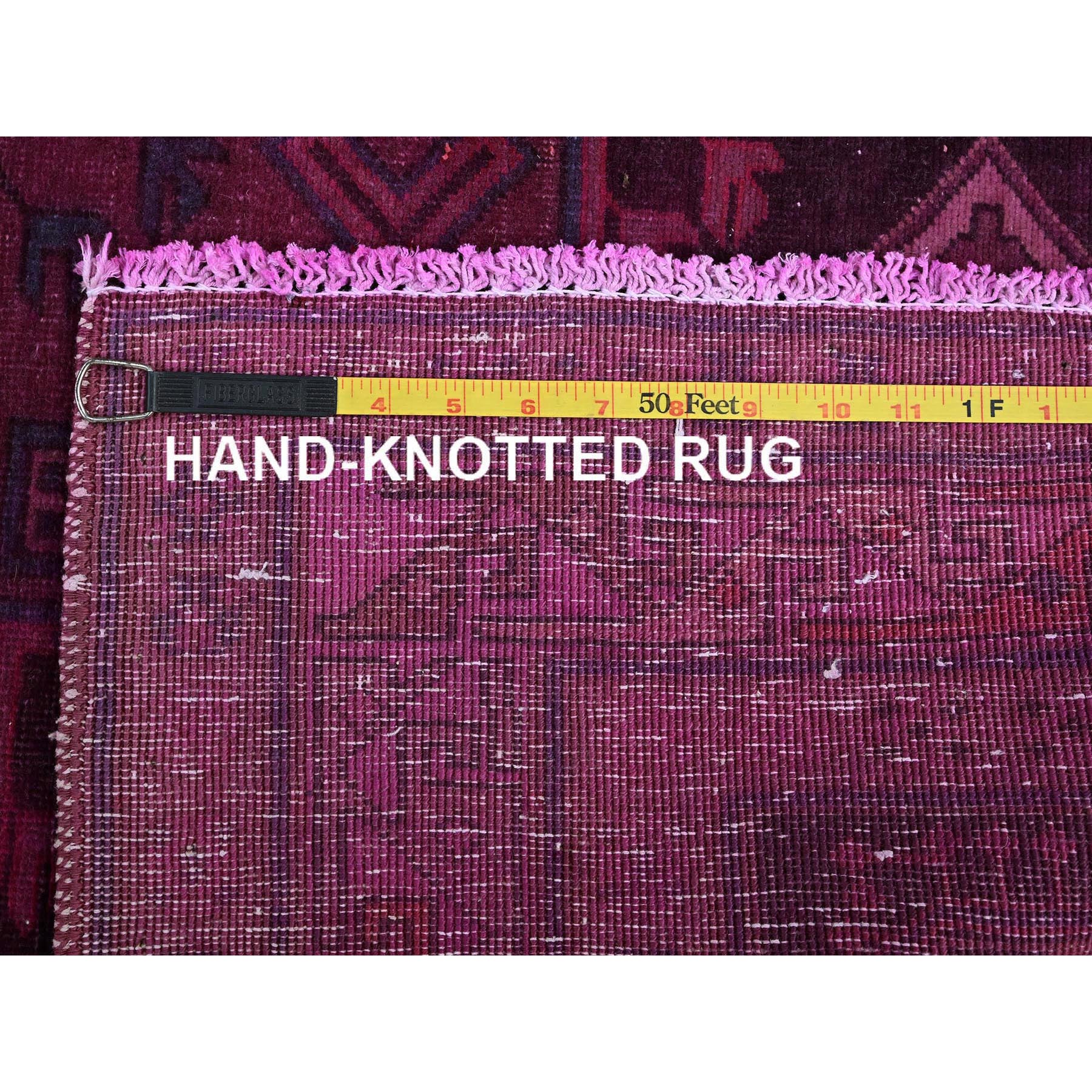 5'x9'7" Hot Pink, Overdyed Vintage Persian Hamadan with Geometric Medallions Design, Shaved Down, Zero Pile, Sides and Ends Professionally Secured, Hand Knotted, Pure Wool, Wide Runner, Oriental Rug Sh806