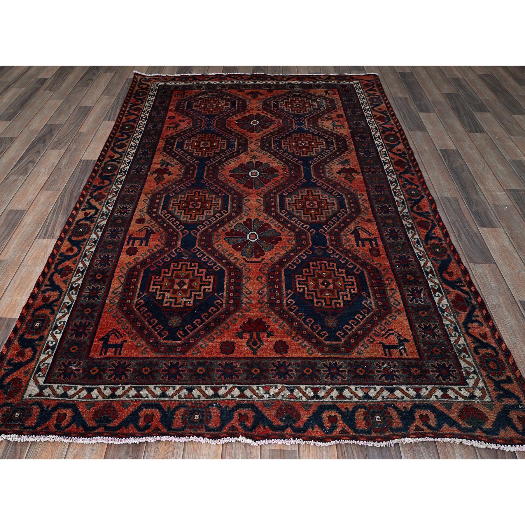4'10"x7'10" Burnt Orange, Vintage Persian Shiraz with Geometric Pattern, Small Animal Figurines, Shaved Down, Zero Pile, Sides and Ends Professionally Secured, Hand Knotted, Pure Wool, Oriental Rug Sh808