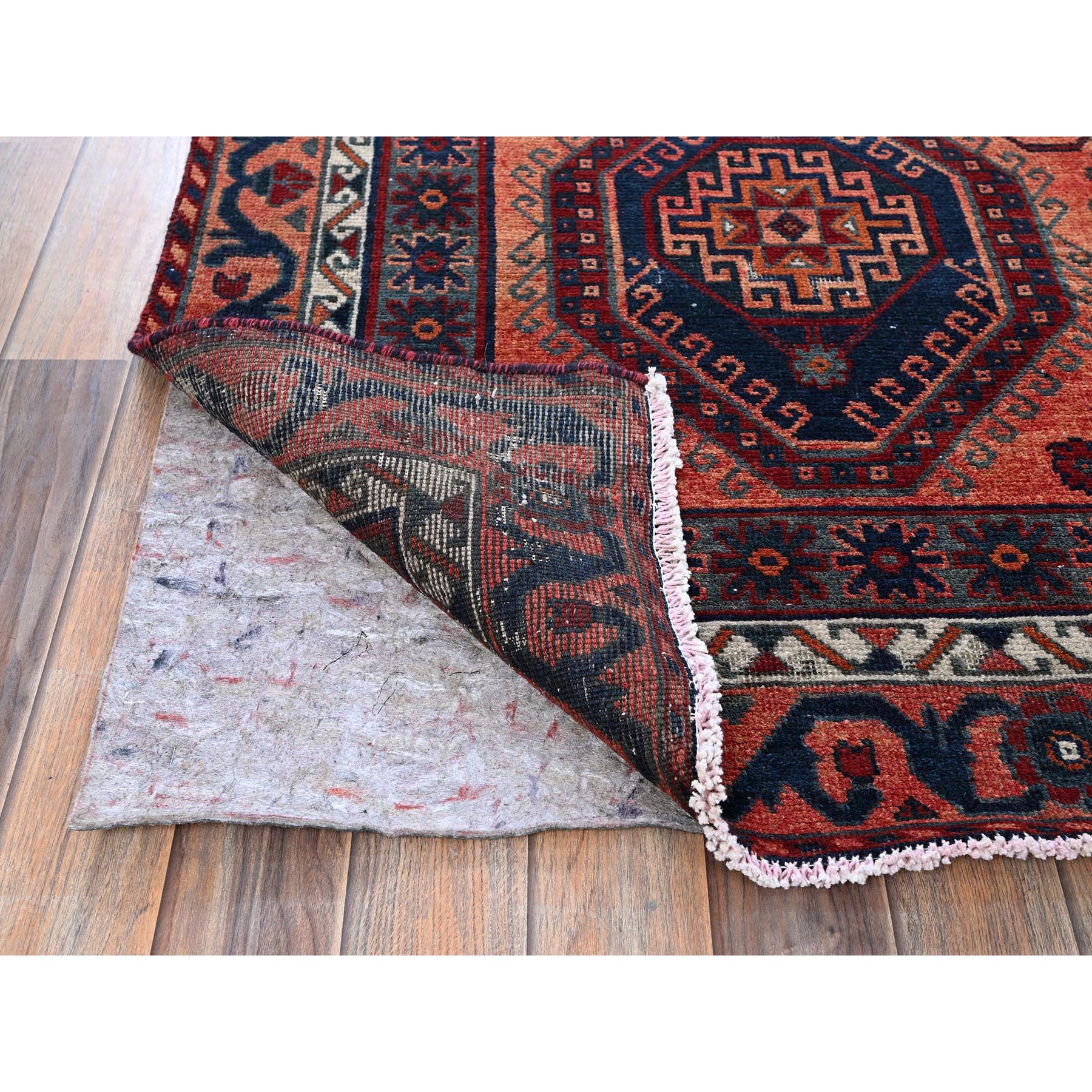 4'10"x7'10" Burnt Orange, Vintage Persian Shiraz with Geometric Pattern, Small Animal Figurines, Shaved Down, Zero Pile, Sides and Ends Professionally Secured, Hand Knotted, Pure Wool, Oriental Rug Sh808
