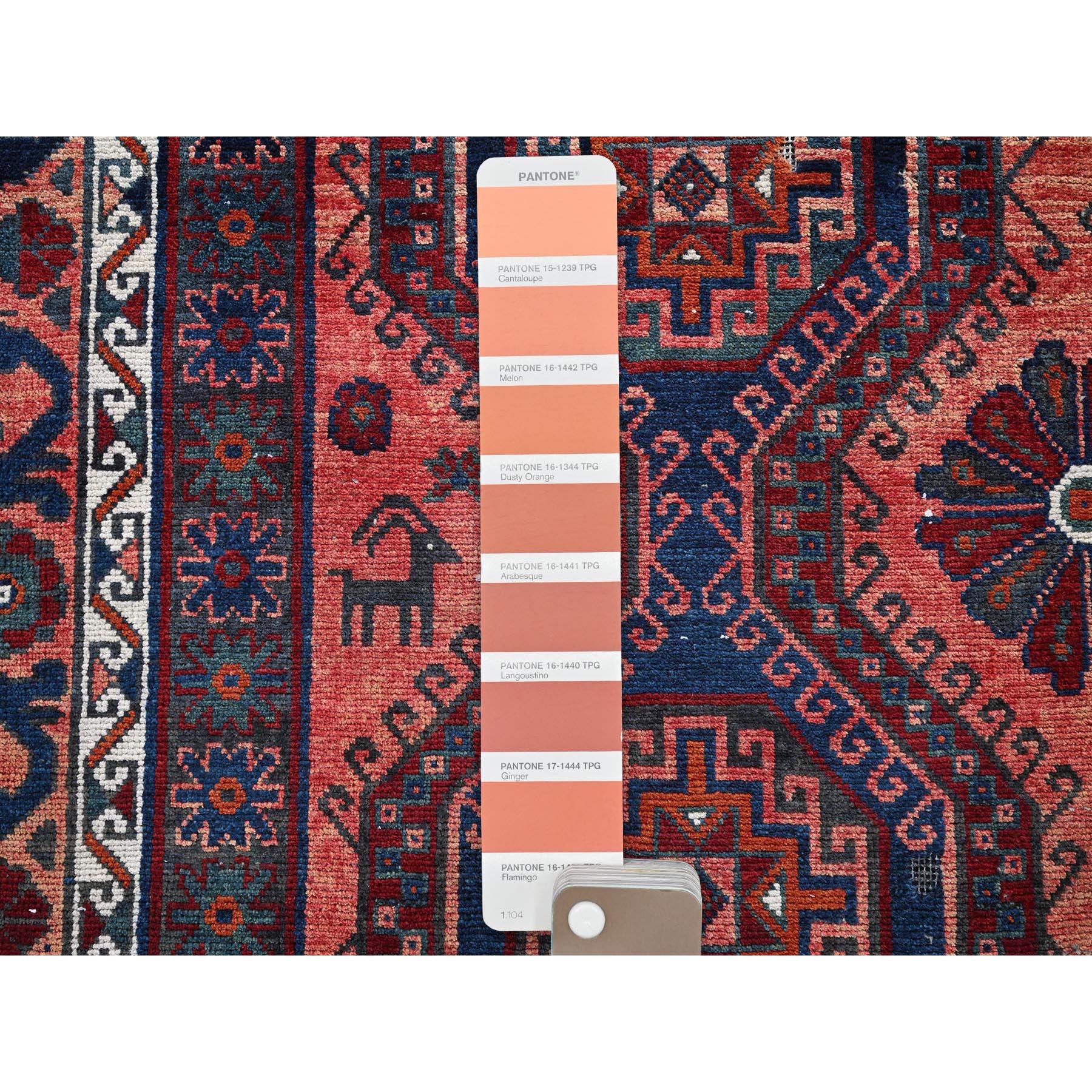 4'10"x7'10" Burnt Orange, Vintage Persian Shiraz with Geometric Pattern, Small Animal Figurines, Shaved Down, Zero Pile, Sides and Ends Professionally Secured, Hand Knotted, Pure Wool, Oriental Rug Sh808