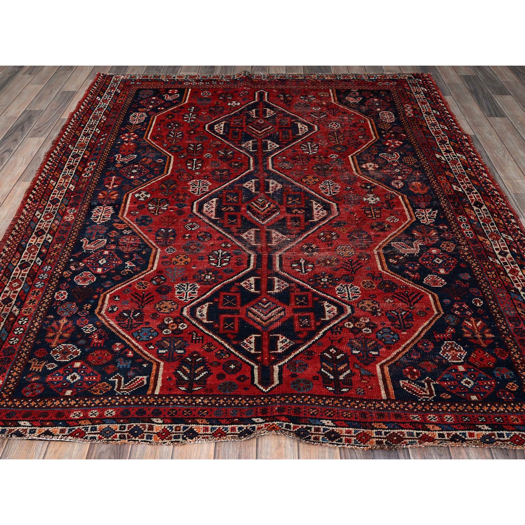 6'x7' Ruby Red, Vintage Persian Qashqai with Multiple Borders, Small Animal Figurines, Shaved Down, Zero Pile, Sides and Ends Professionally Secured, Hand Knotted, Pure Wool, Squarish, Oriental Rug Sh810