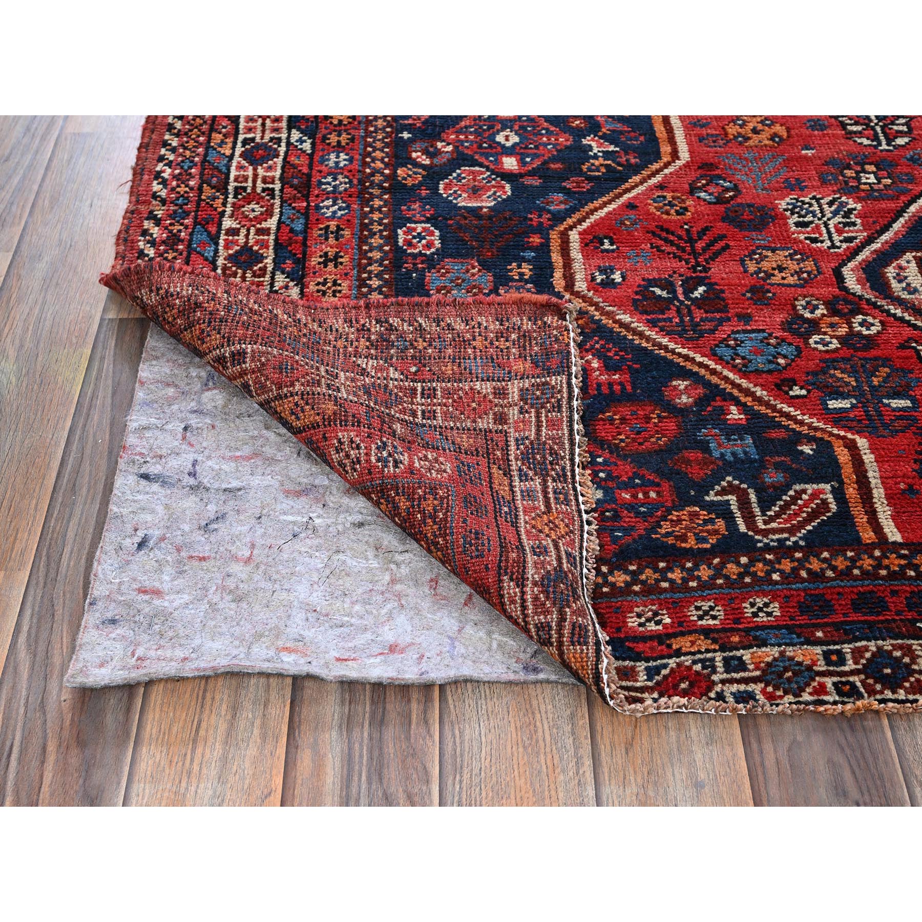 6'x7' Ruby Red, Vintage Persian Qashqai with Multiple Borders, Small Animal Figurines, Shaved Down, Zero Pile, Sides and Ends Professionally Secured, Hand Knotted, Pure Wool, Squarish, Oriental Rug Sh810