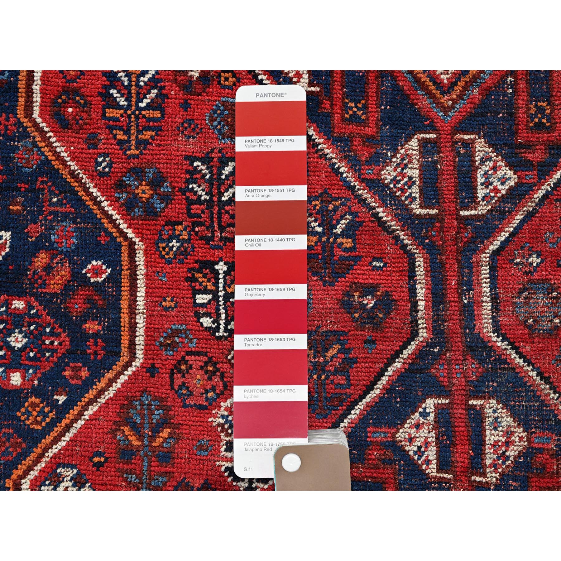 6'x7' Ruby Red, Vintage Persian Qashqai with Multiple Borders, Small Animal Figurines, Shaved Down, Zero Pile, Sides and Ends Professionally Secured, Hand Knotted, Pure Wool, Squarish, Oriental Rug Sh810