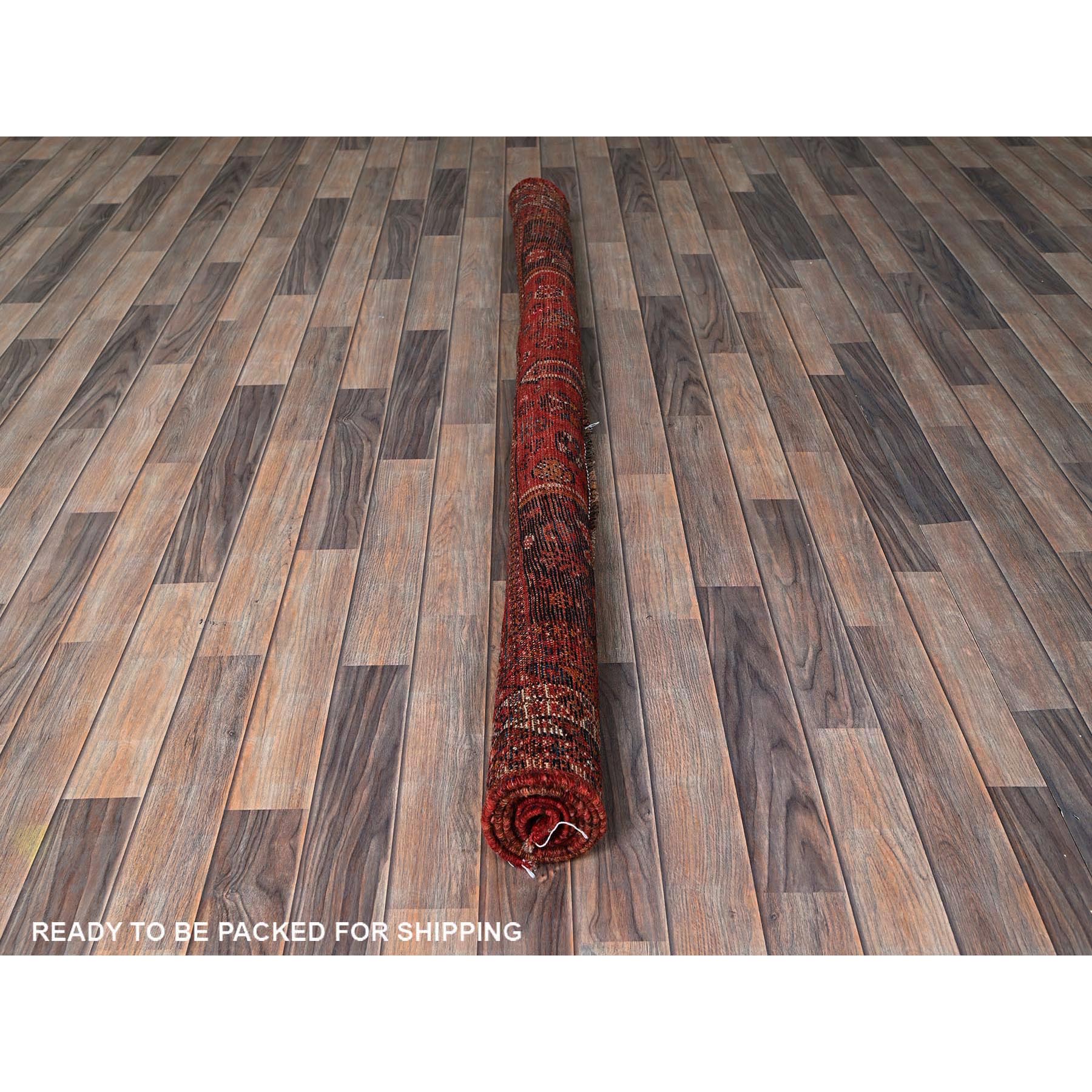 6'x7' Ruby Red, Vintage Persian Qashqai with Multiple Borders, Small Animal Figurines, Shaved Down, Zero Pile, Sides and Ends Professionally Secured, Hand Knotted, Pure Wool, Squarish, Oriental Rug Sh810