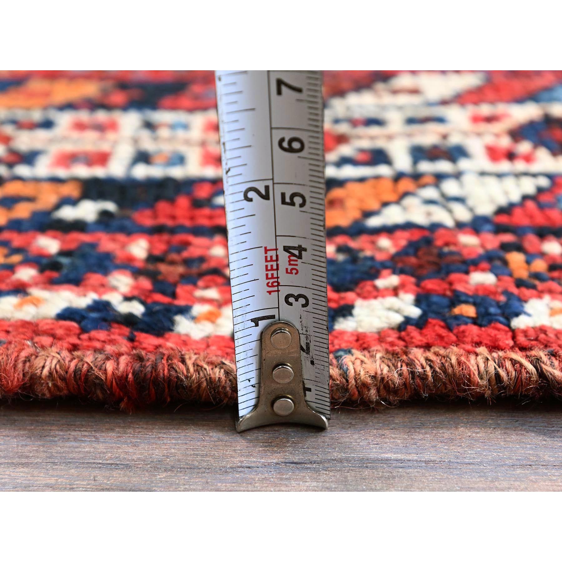 6'x7' Ruby Red, Vintage Persian Qashqai with Multiple Borders, Small Animal Figurines, Shaved Down, Zero Pile, Sides and Ends Professionally Secured, Hand Knotted, Pure Wool, Squarish, Oriental Rug Sh810