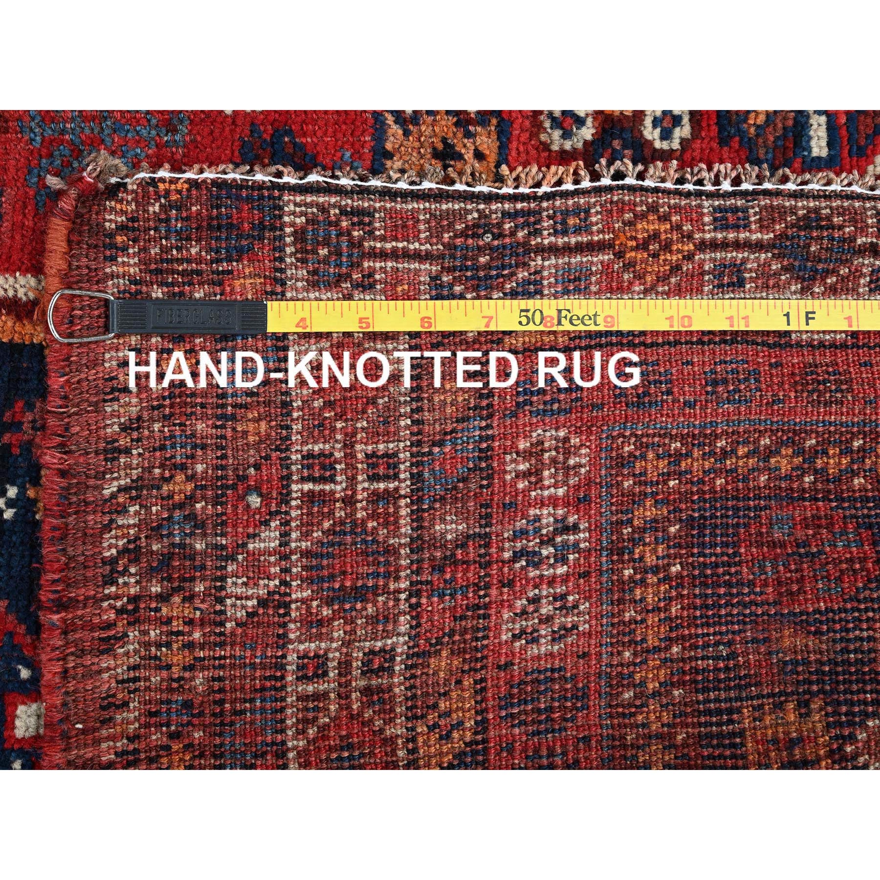6'x7' Ruby Red, Vintage Persian Qashqai with Multiple Borders, Small Animal Figurines, Shaved Down, Zero Pile, Sides and Ends Professionally Secured, Hand Knotted, Pure Wool, Squarish, Oriental Rug Sh810