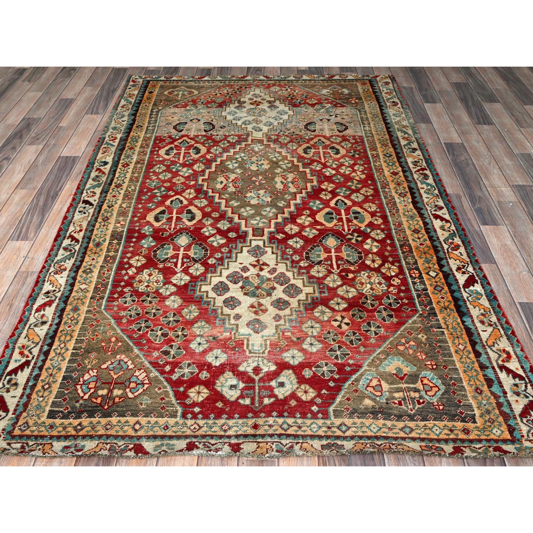 4'10"x7'4" Crimson Red, Vintage Persian Shiraz with Distinct Abrash, Geometric Pattern, Cropped Thin, Zero Pile, Sides and Ends Professionally Secured, Hand Knotted, Pure Wool, Oriental Rug Sh812