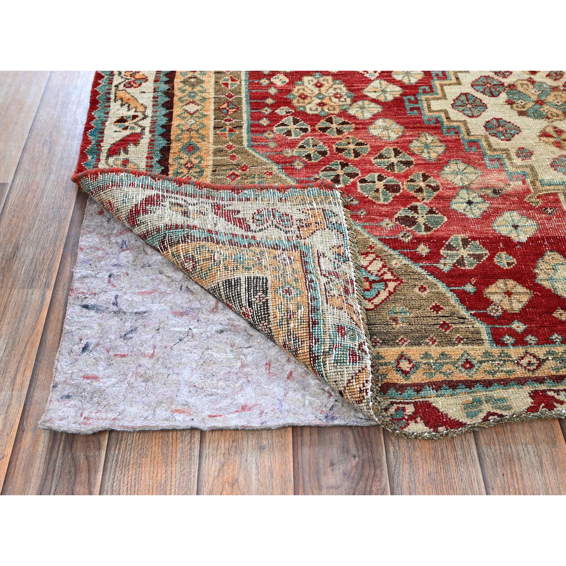 4'10"x7'4" Crimson Red, Vintage Persian Shiraz with Distinct Abrash, Geometric Pattern, Cropped Thin, Zero Pile, Sides and Ends Professionally Secured, Hand Knotted, Pure Wool, Oriental Rug Sh812