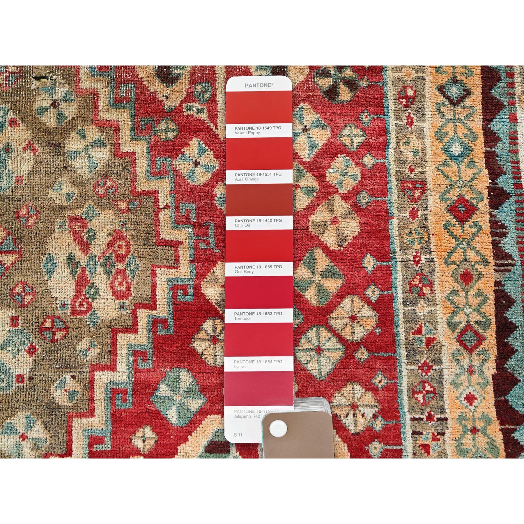 4'10"x7'4" Crimson Red, Vintage Persian Shiraz with Distinct Abrash, Geometric Pattern, Cropped Thin, Zero Pile, Sides and Ends Professionally Secured, Hand Knotted, Pure Wool, Oriental Rug Sh812