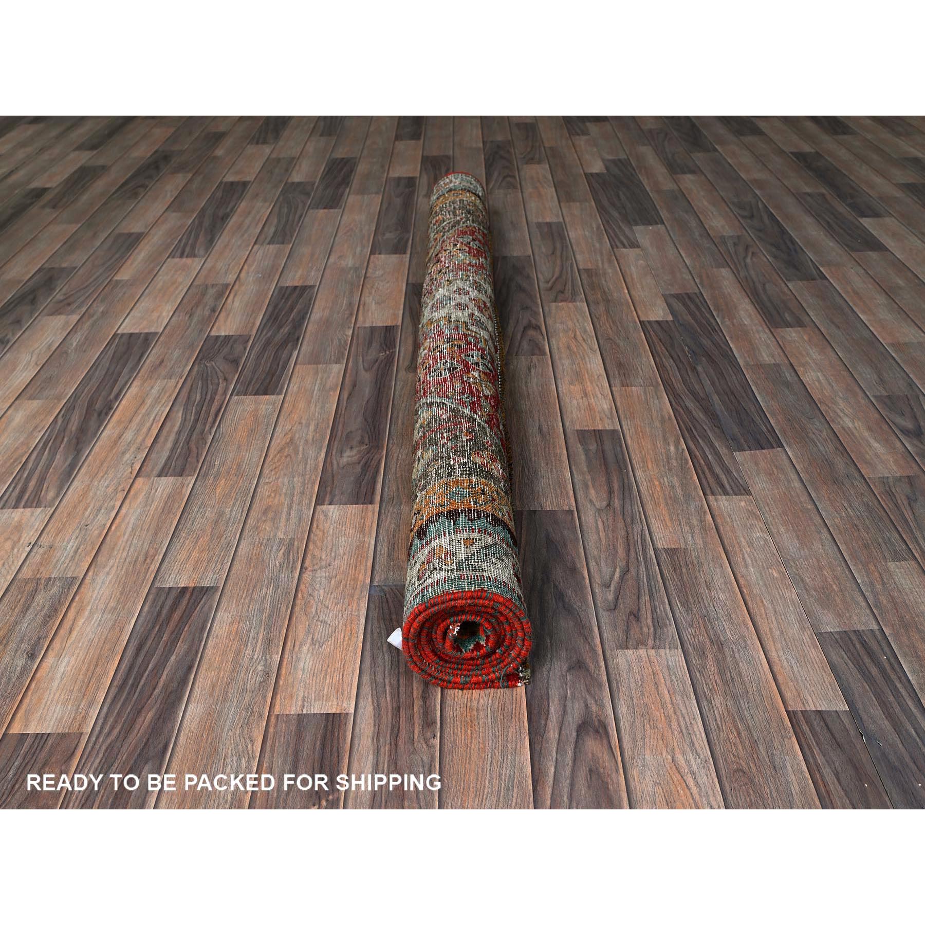 4'10"x7'4" Crimson Red, Vintage Persian Shiraz with Distinct Abrash, Geometric Pattern, Cropped Thin, Zero Pile, Sides and Ends Professionally Secured, Hand Knotted, Pure Wool, Oriental Rug Sh812