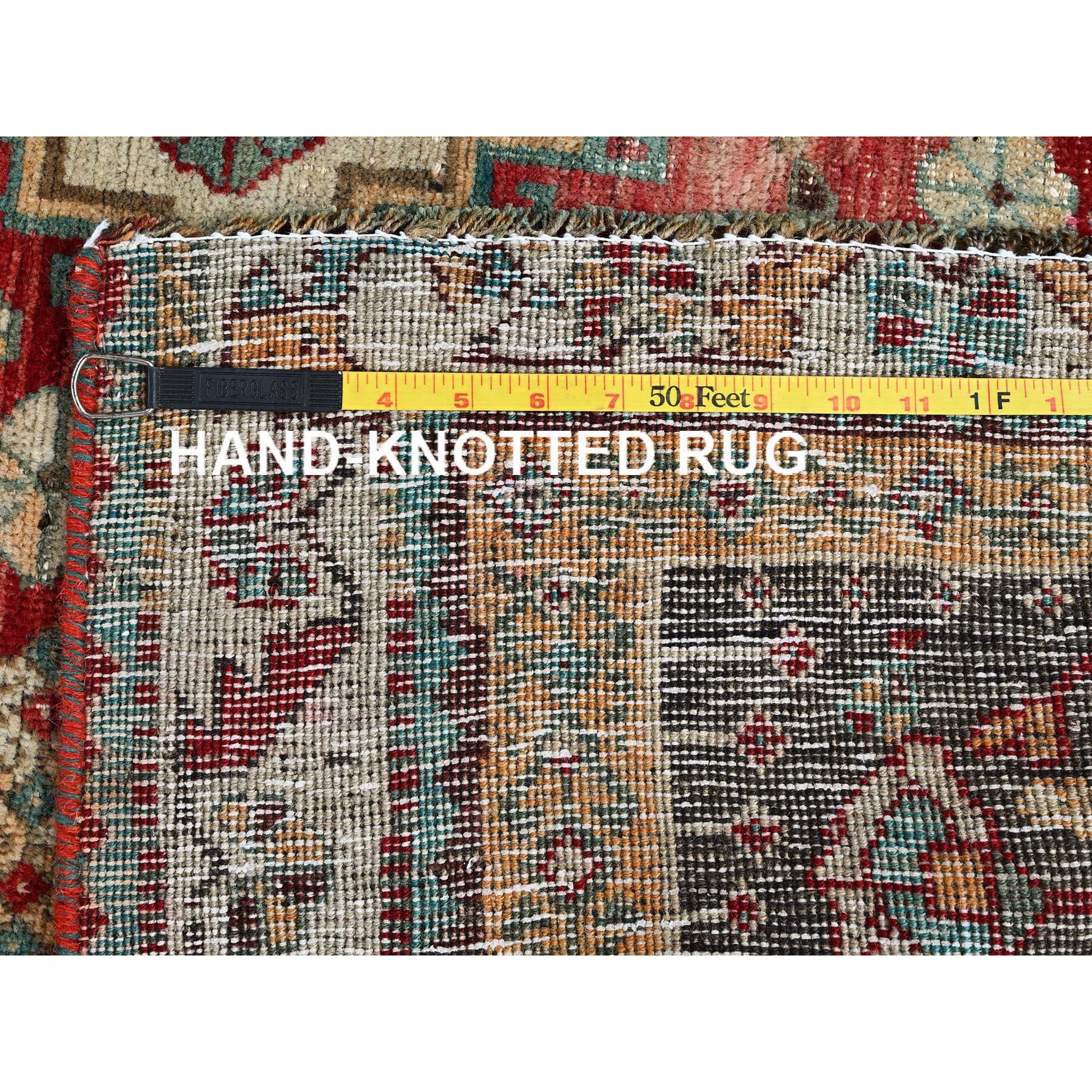 4'10"x7'4" Crimson Red, Vintage Persian Shiraz with Distinct Abrash, Geometric Pattern, Cropped Thin, Zero Pile, Sides and Ends Professionally Secured, Hand Knotted, Pure Wool, Oriental Rug Sh812