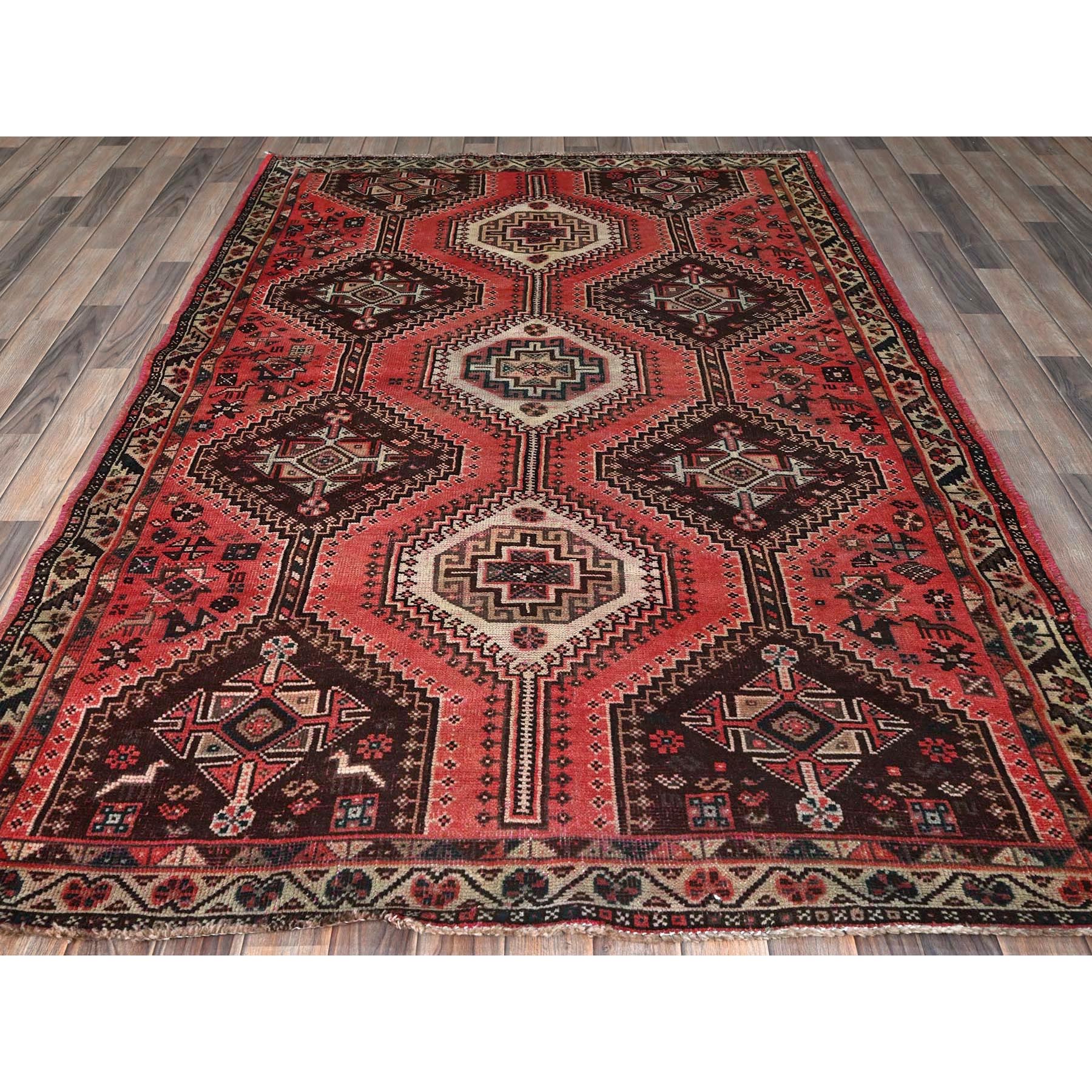 5'2"x7'10" Blush Red, Vintage Persian Shiraz with Geometric Pattern, Small Animal Figurines, Shaved Low, Zero Pile, Sides and Ends Professionally Secured, Clean, Hand Knotted, Pure Wool, Oriental Rug Sh813
