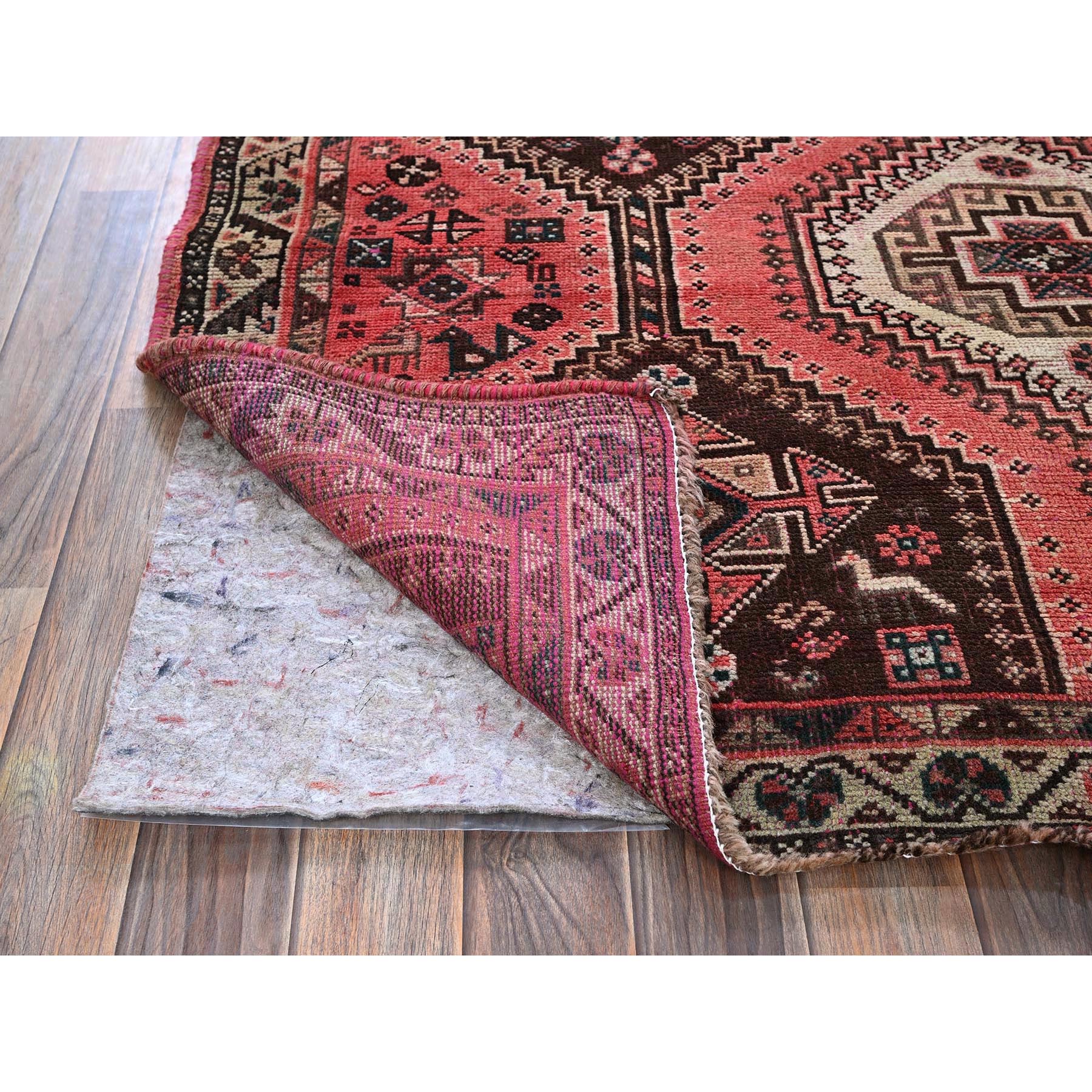 5'2"x7'10" Blush Red, Vintage Persian Shiraz with Geometric Pattern, Small Animal Figurines, Shaved Low, Zero Pile, Sides and Ends Professionally Secured, Clean, Hand Knotted, Pure Wool, Oriental Rug Sh813