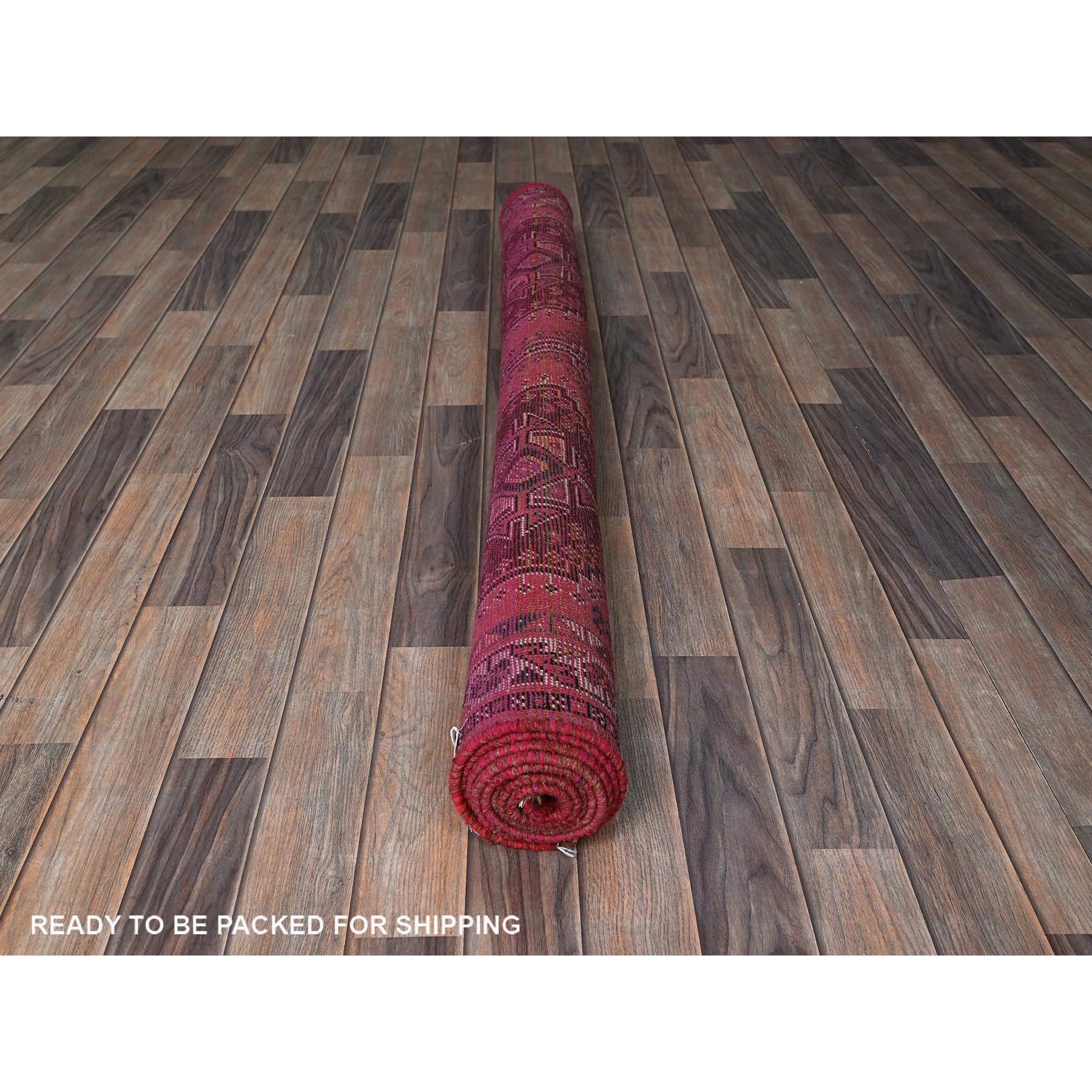 5'2"x7'10" Blush Red, Vintage Persian Shiraz with Geometric Pattern, Small Animal Figurines, Shaved Low, Zero Pile, Sides and Ends Professionally Secured, Clean, Hand Knotted, Pure Wool, Oriental Rug Sh813