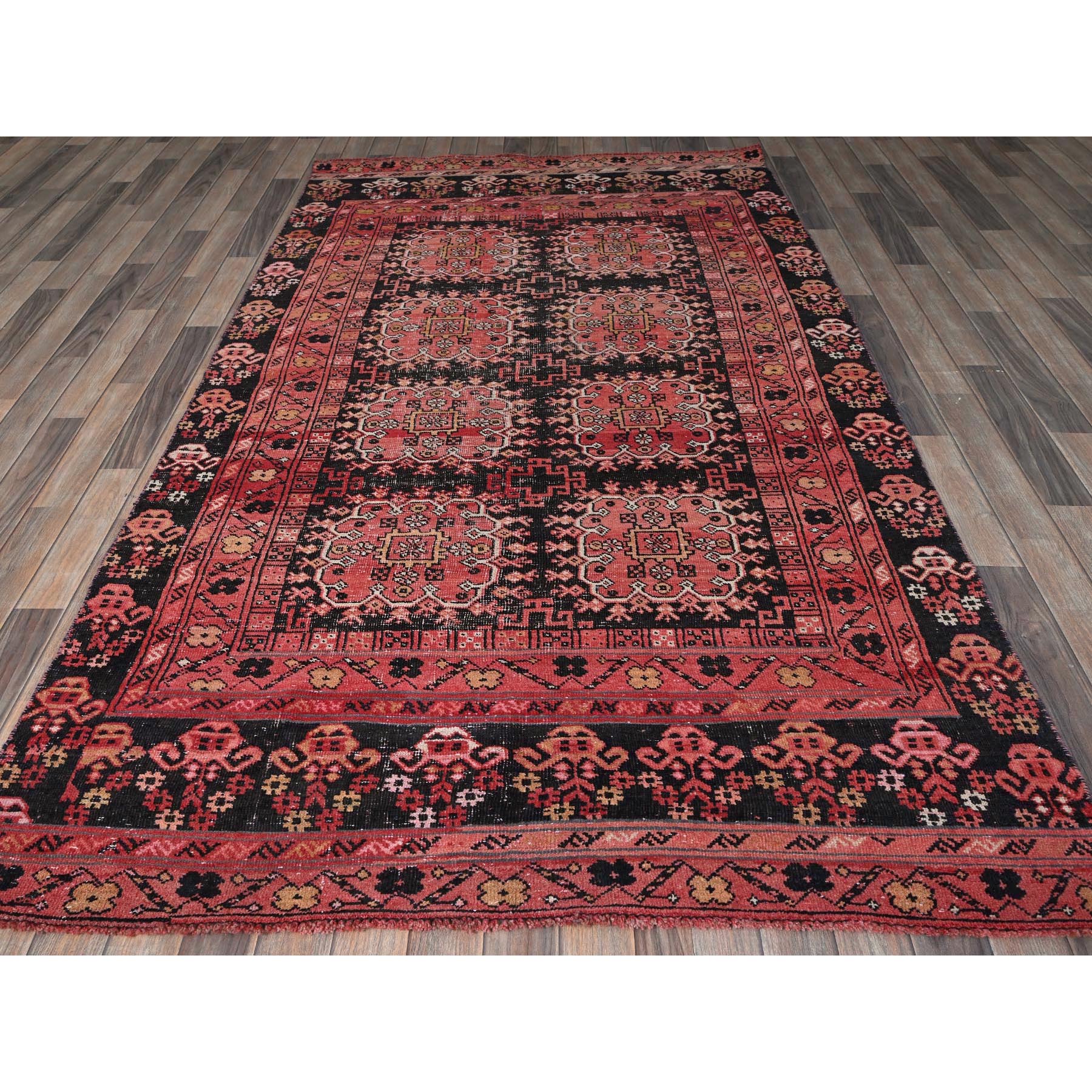 5'2"x8'6" Blush Red, Vintage Afghan Ersari with Tribal Design, Cropped Thin, Zero Pile, Sides and Ends Professionally Secured, Good Condition, Hand Knotted, Pure Wool, Oriental Rug Sh814