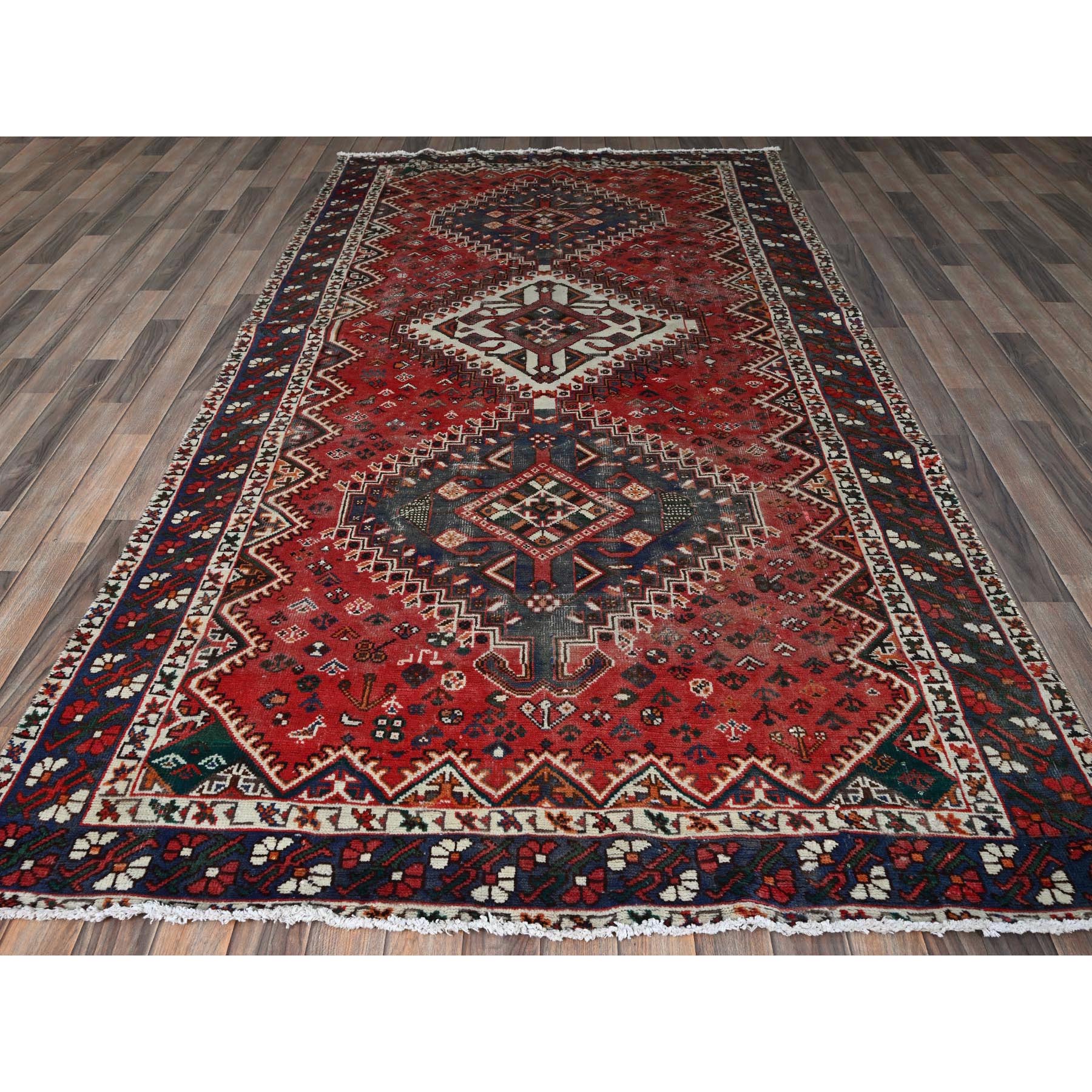 5'3"x9'7" Salsa Red, Vintage Persian Shiraz with Geometric Medallions Design, Shaved Low, Zero Pile, Sides and Ends Professionally Secured, Clean, Hand Knotted, Pure Wool, Oriental Rug Sh816