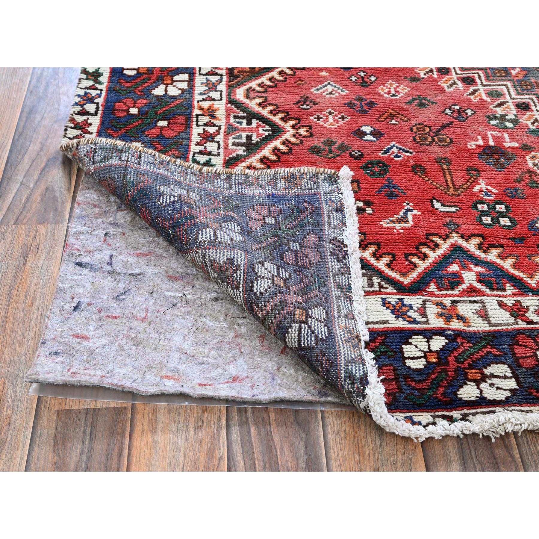 5'3"x9'7" Salsa Red, Vintage Persian Shiraz with Geometric Medallions Design, Shaved Low, Zero Pile, Sides and Ends Professionally Secured, Clean, Hand Knotted, Pure Wool, Oriental Rug Sh816