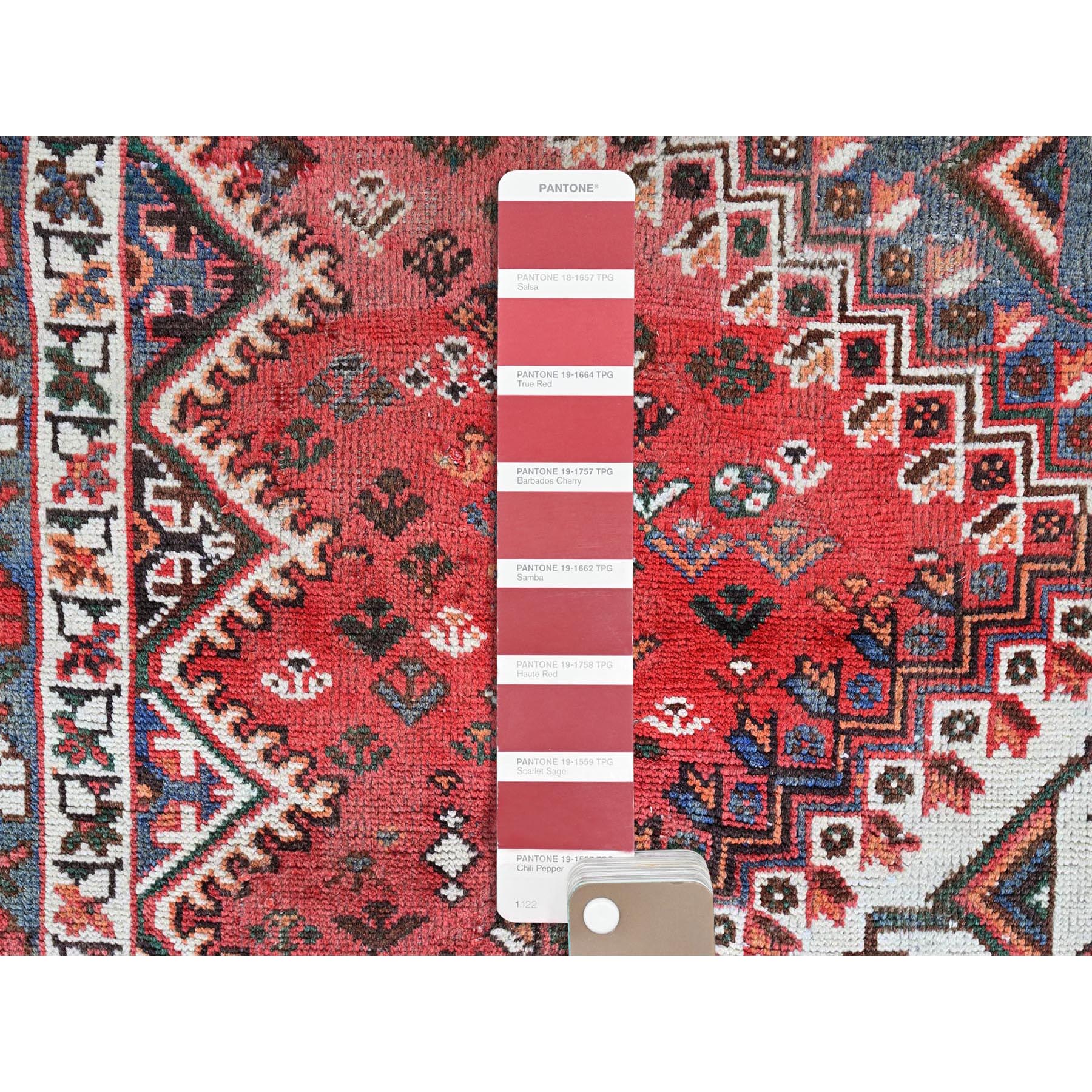 5'3"x9'7" Salsa Red, Vintage Persian Shiraz with Geometric Medallions Design, Shaved Low, Zero Pile, Sides and Ends Professionally Secured, Clean, Hand Knotted, Pure Wool, Oriental Rug Sh816