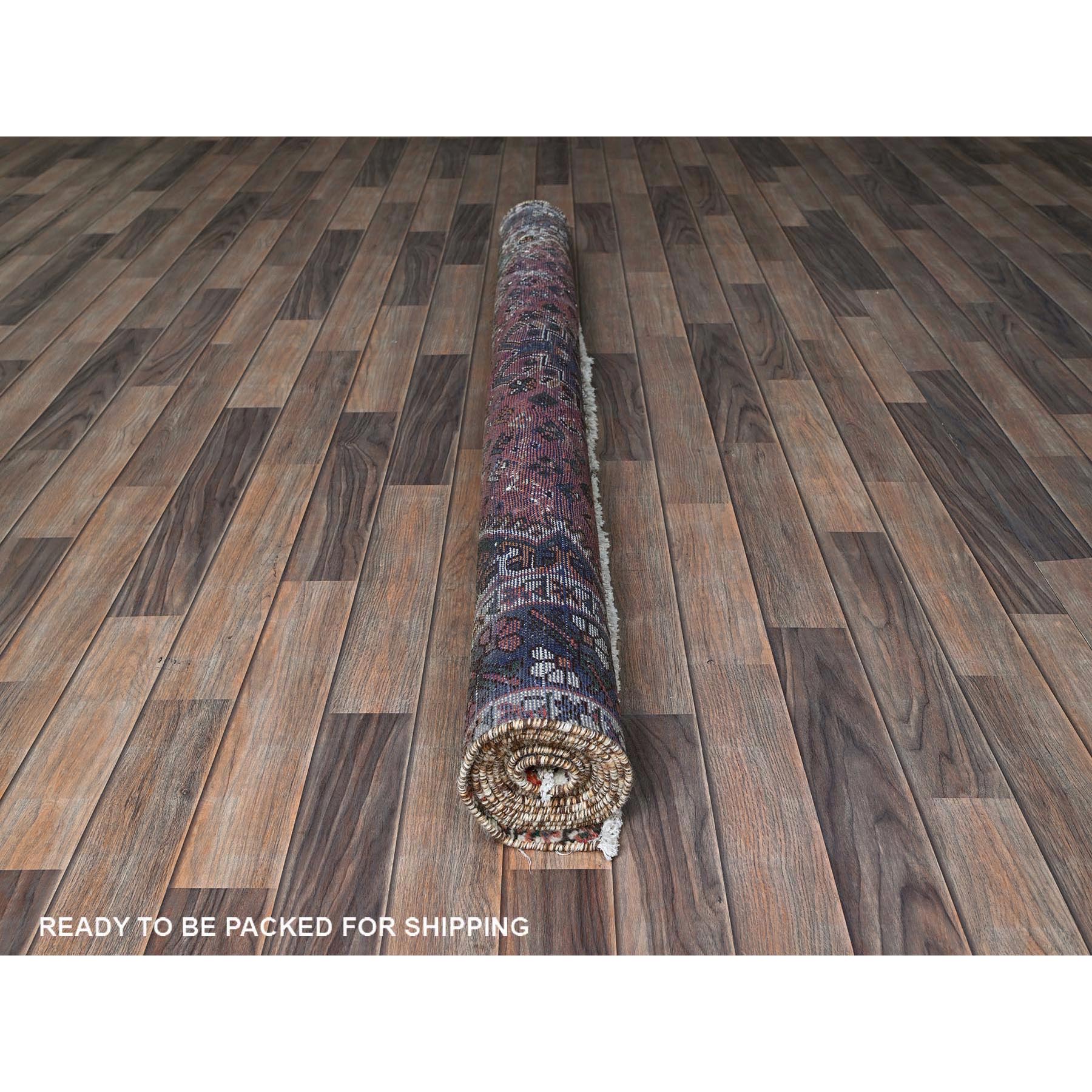 5'3"x9'7" Salsa Red, Vintage Persian Shiraz with Geometric Medallions Design, Shaved Low, Zero Pile, Sides and Ends Professionally Secured, Clean, Hand Knotted, Pure Wool, Oriental Rug Sh816