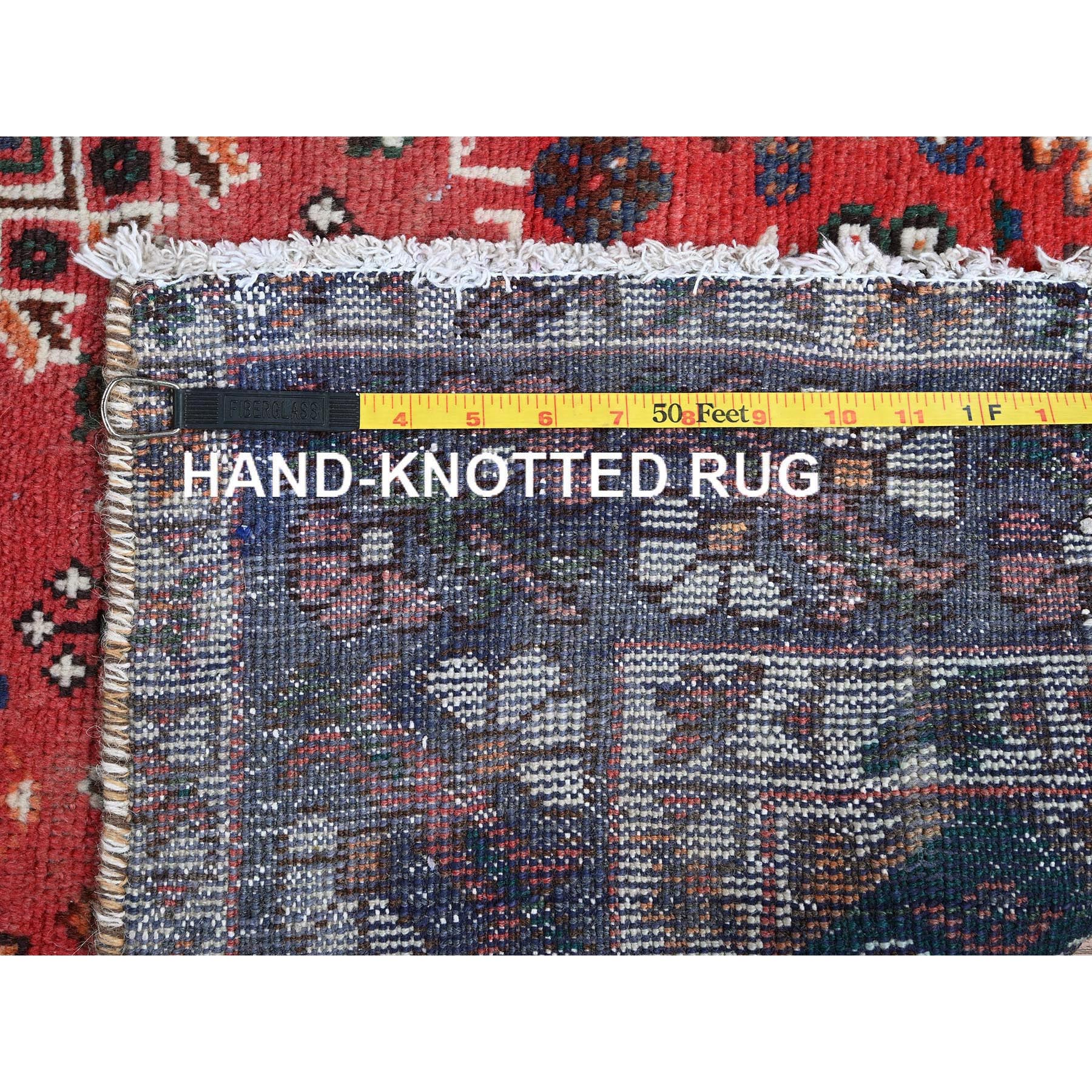 5'3"x9'7" Salsa Red, Vintage Persian Shiraz with Geometric Medallions Design, Shaved Low, Zero Pile, Sides and Ends Professionally Secured, Clean, Hand Knotted, Pure Wool, Oriental Rug Sh816