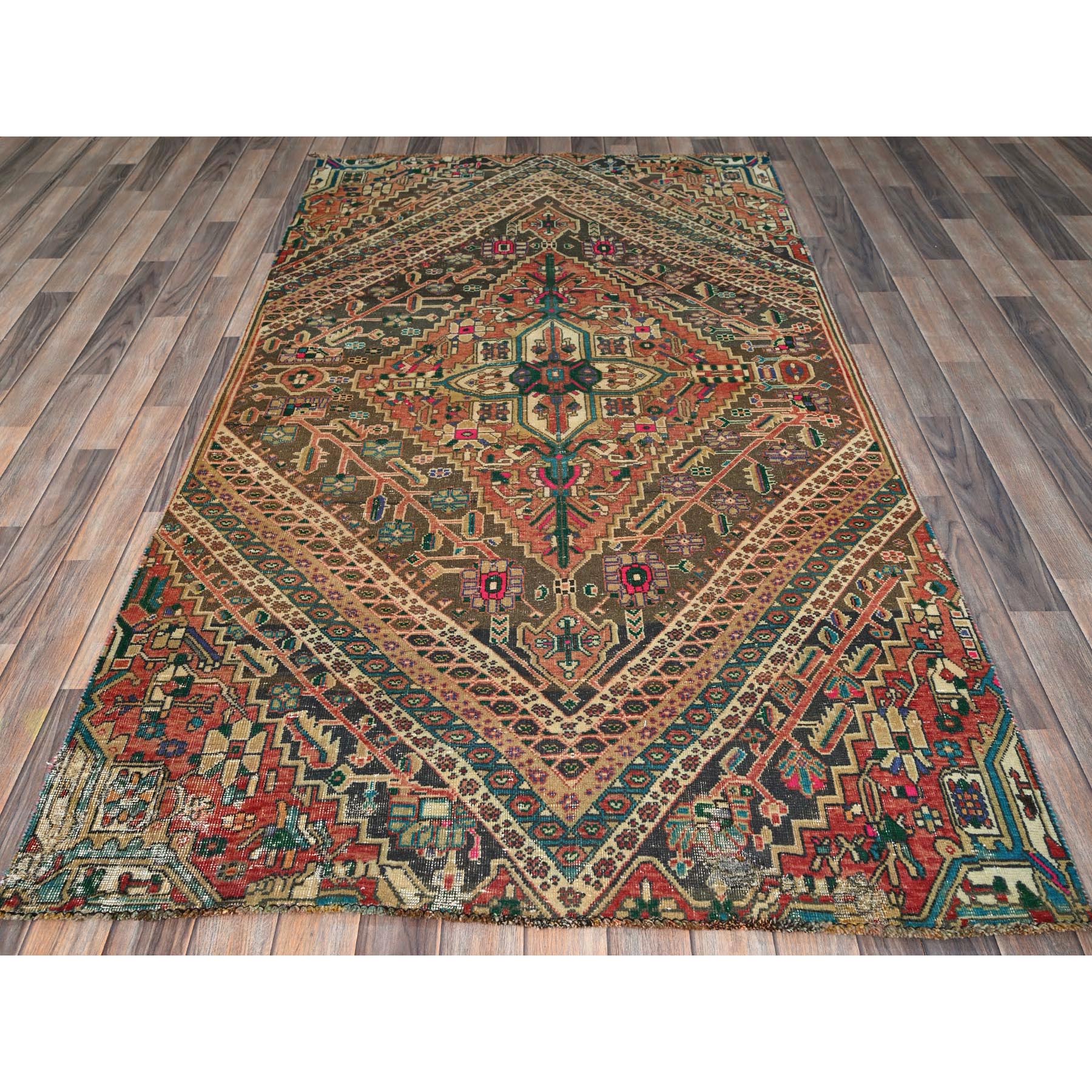 4'3"x7'6" Coral Red, Vintage Persian Shiraz with Geometric Pattern, Shaved Low, Zero Pile, Sides and Ends Professionally Secured, Clean, Hand Knotted, Pure Wool, Fragment, Oriental Rug Sh817