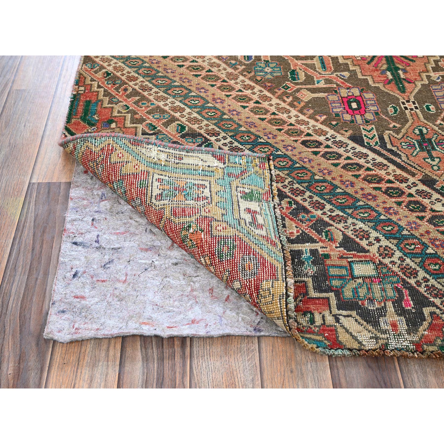 4'3"x7'6" Coral Red, Vintage Persian Shiraz with Geometric Pattern, Shaved Low, Zero Pile, Sides and Ends Professionally Secured, Clean, Hand Knotted, Pure Wool, Fragment, Oriental Rug Sh817