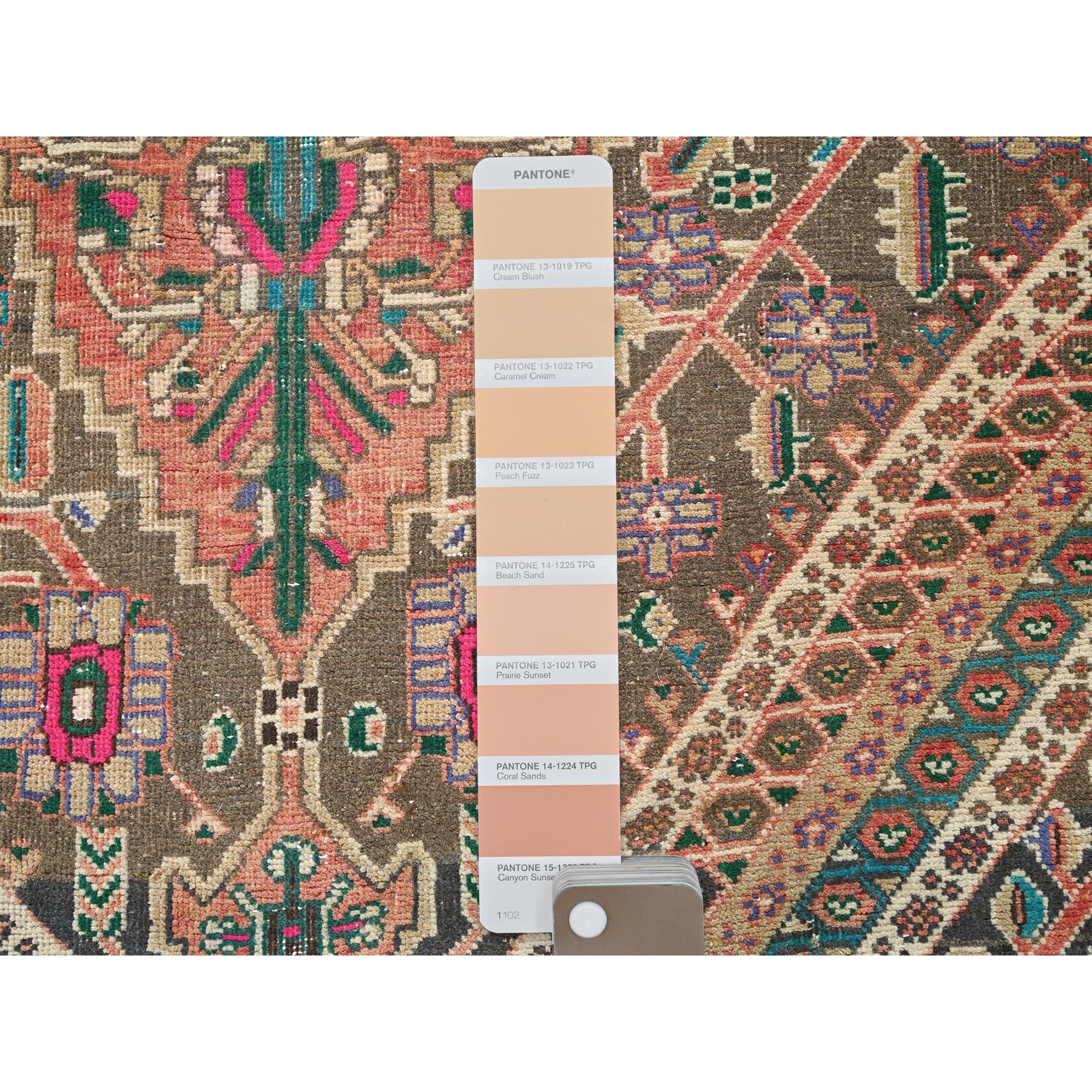 4'3"x7'6" Coral Red, Vintage Persian Shiraz with Geometric Pattern, Shaved Low, Zero Pile, Sides and Ends Professionally Secured, Clean, Hand Knotted, Pure Wool, Fragment, Oriental Rug Sh817