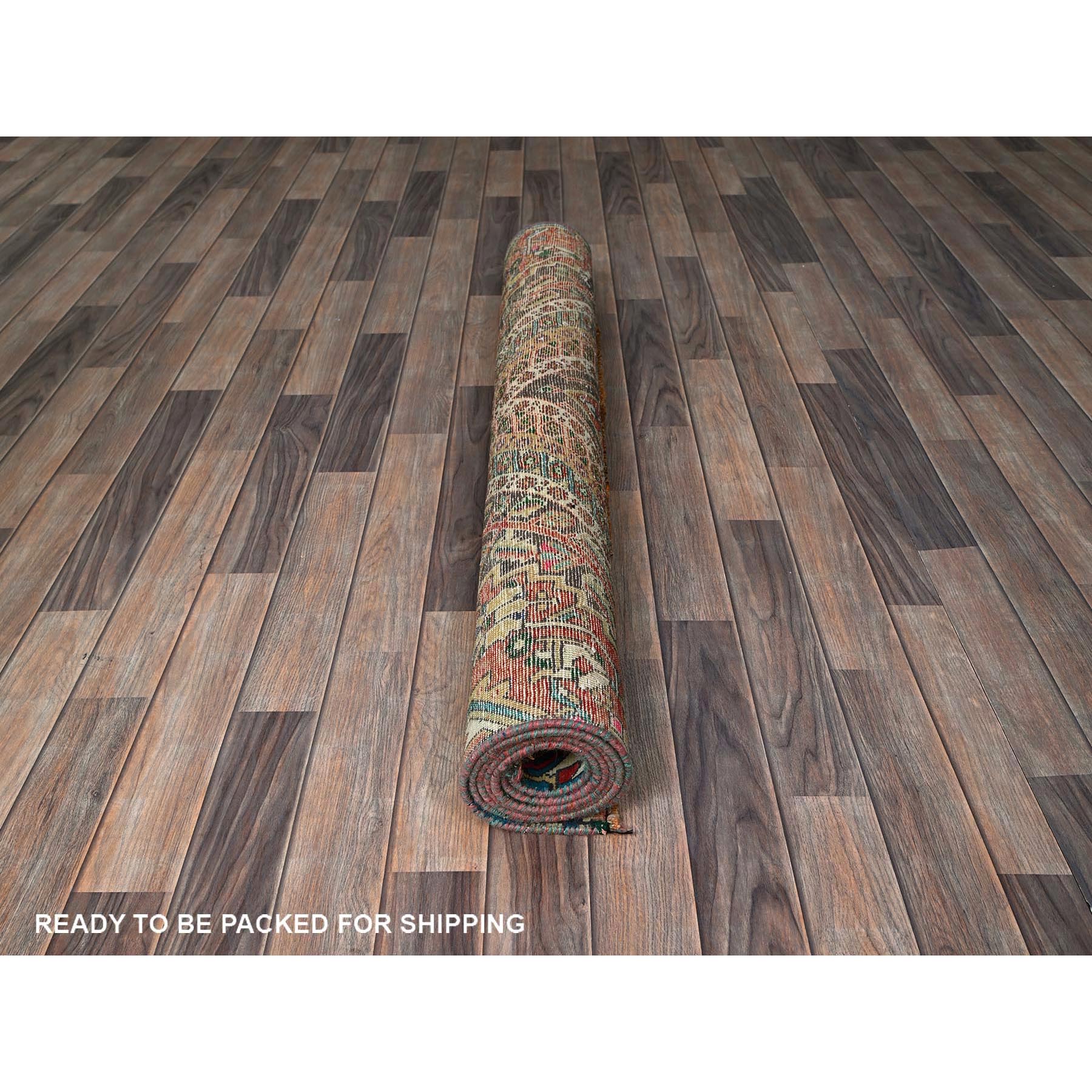4'3"x7'6" Coral Red, Vintage Persian Shiraz with Geometric Pattern, Shaved Low, Zero Pile, Sides and Ends Professionally Secured, Clean, Hand Knotted, Pure Wool, Fragment, Oriental Rug Sh817