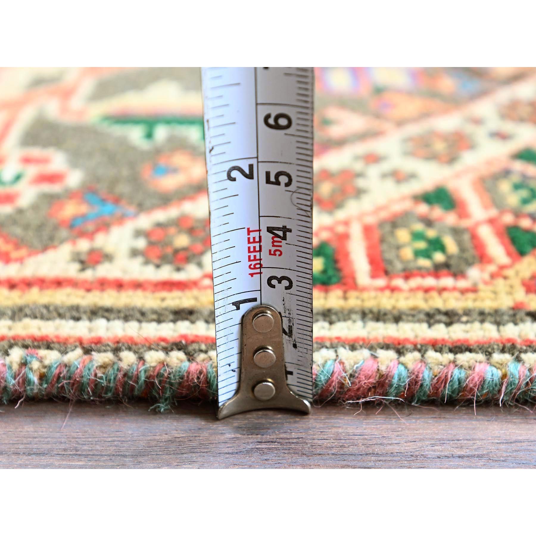 4'3"x7'6" Coral Red, Vintage Persian Shiraz with Geometric Pattern, Shaved Low, Zero Pile, Sides and Ends Professionally Secured, Clean, Hand Knotted, Pure Wool, Fragment, Oriental Rug Sh817