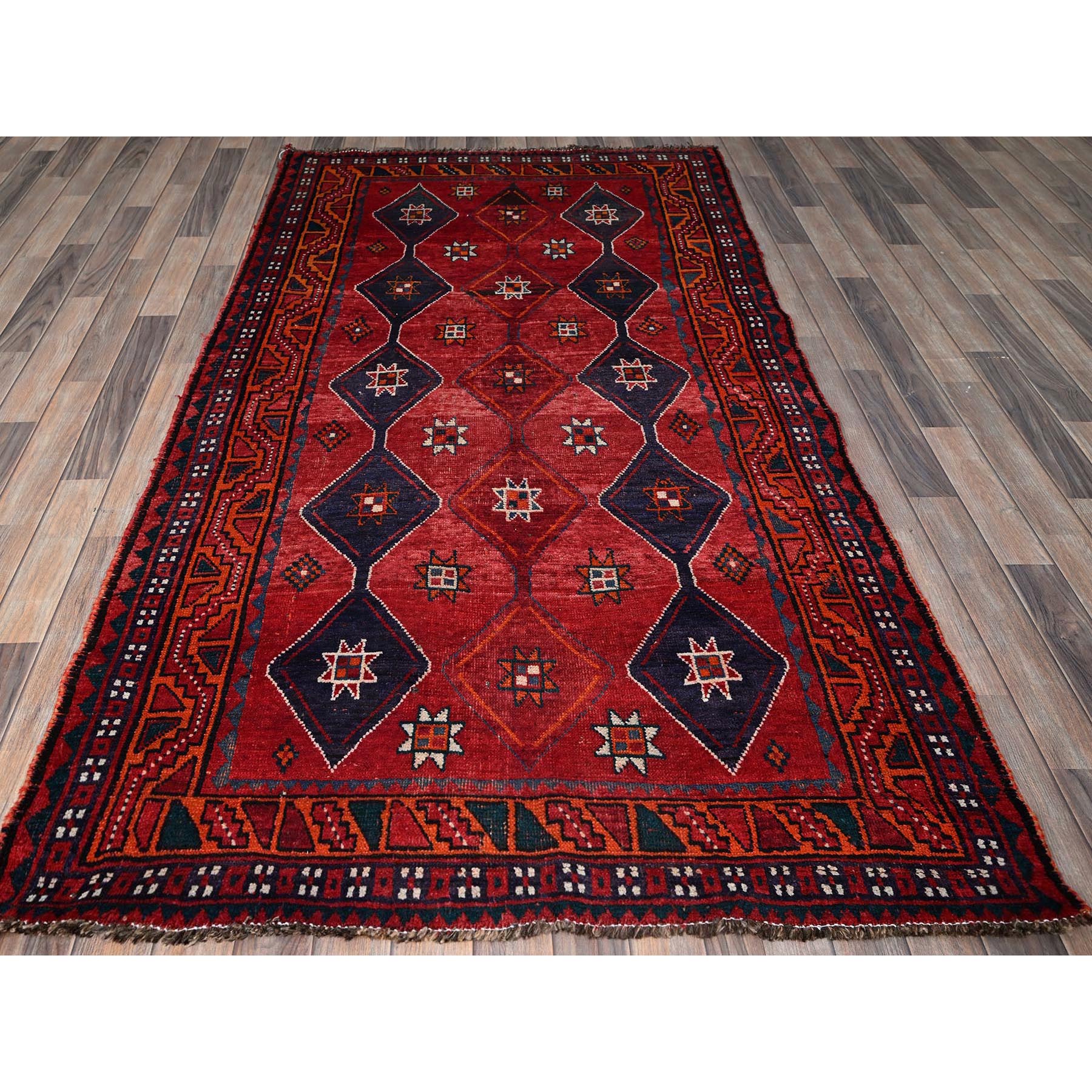 4'5"x7'9" Angels Red, Vintage Persian Shiraz with Geometric Pattern, Cropped Thin, Zero Pile, Sides and Ends Professionally Secured, Clean, Hand Knotted, Pure Wool, Oriental Rug Sh818