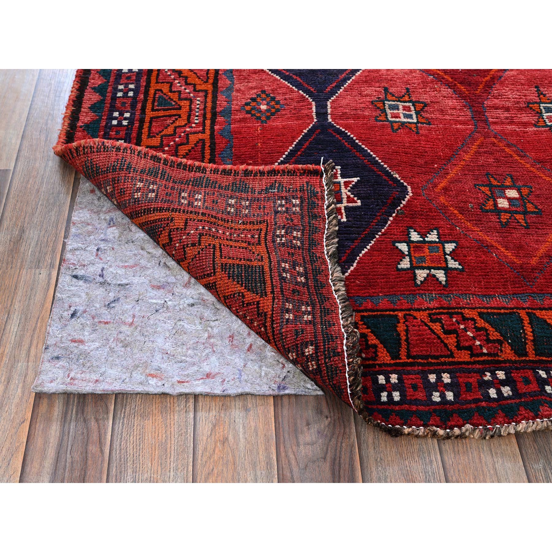 4'5"x7'9" Angels Red, Vintage Persian Shiraz with Geometric Pattern, Cropped Thin, Zero Pile, Sides and Ends Professionally Secured, Clean, Hand Knotted, Pure Wool, Oriental Rug Sh818