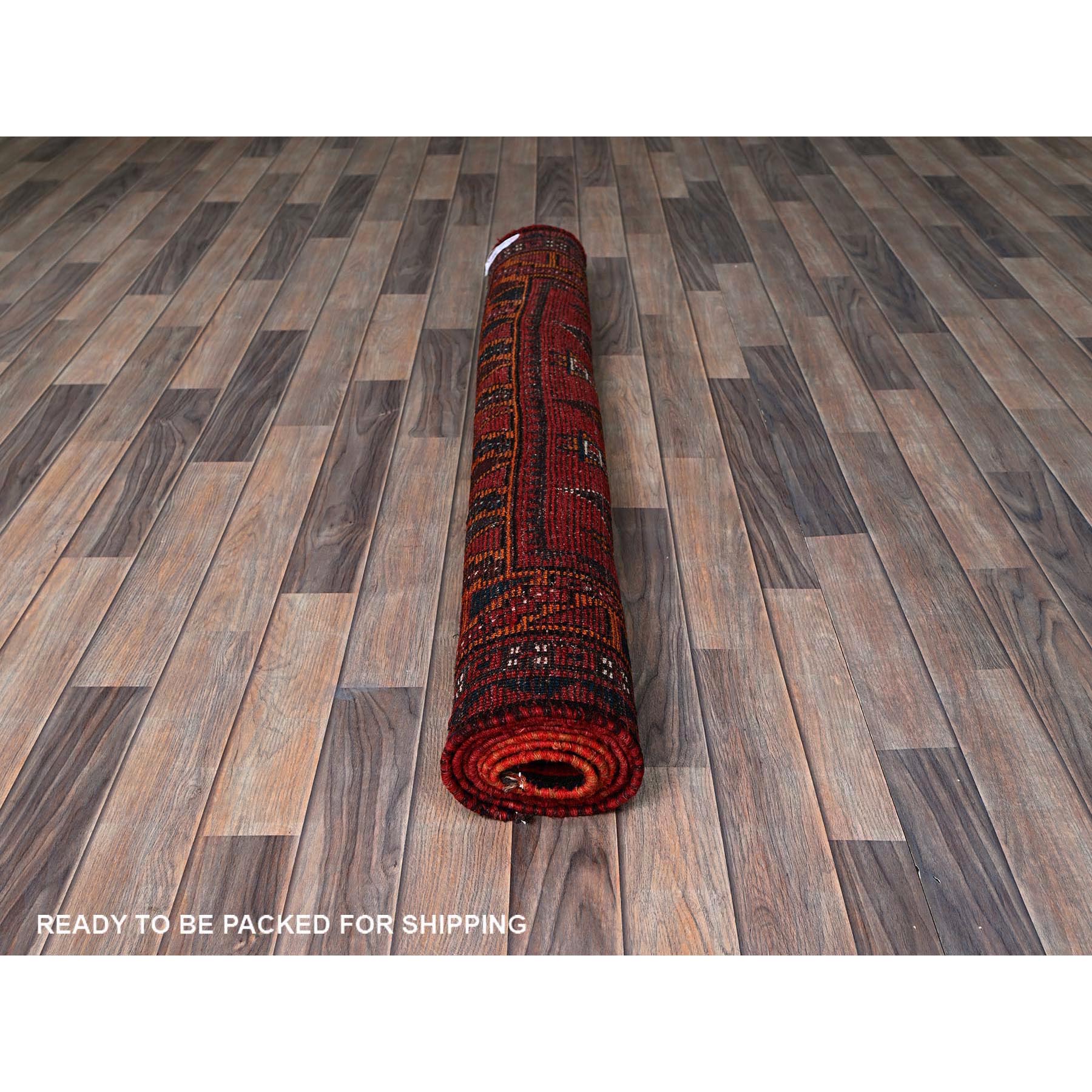 4'5"x7'9" Angels Red, Vintage Persian Shiraz with Geometric Pattern, Cropped Thin, Zero Pile, Sides and Ends Professionally Secured, Clean, Hand Knotted, Pure Wool, Oriental Rug Sh818